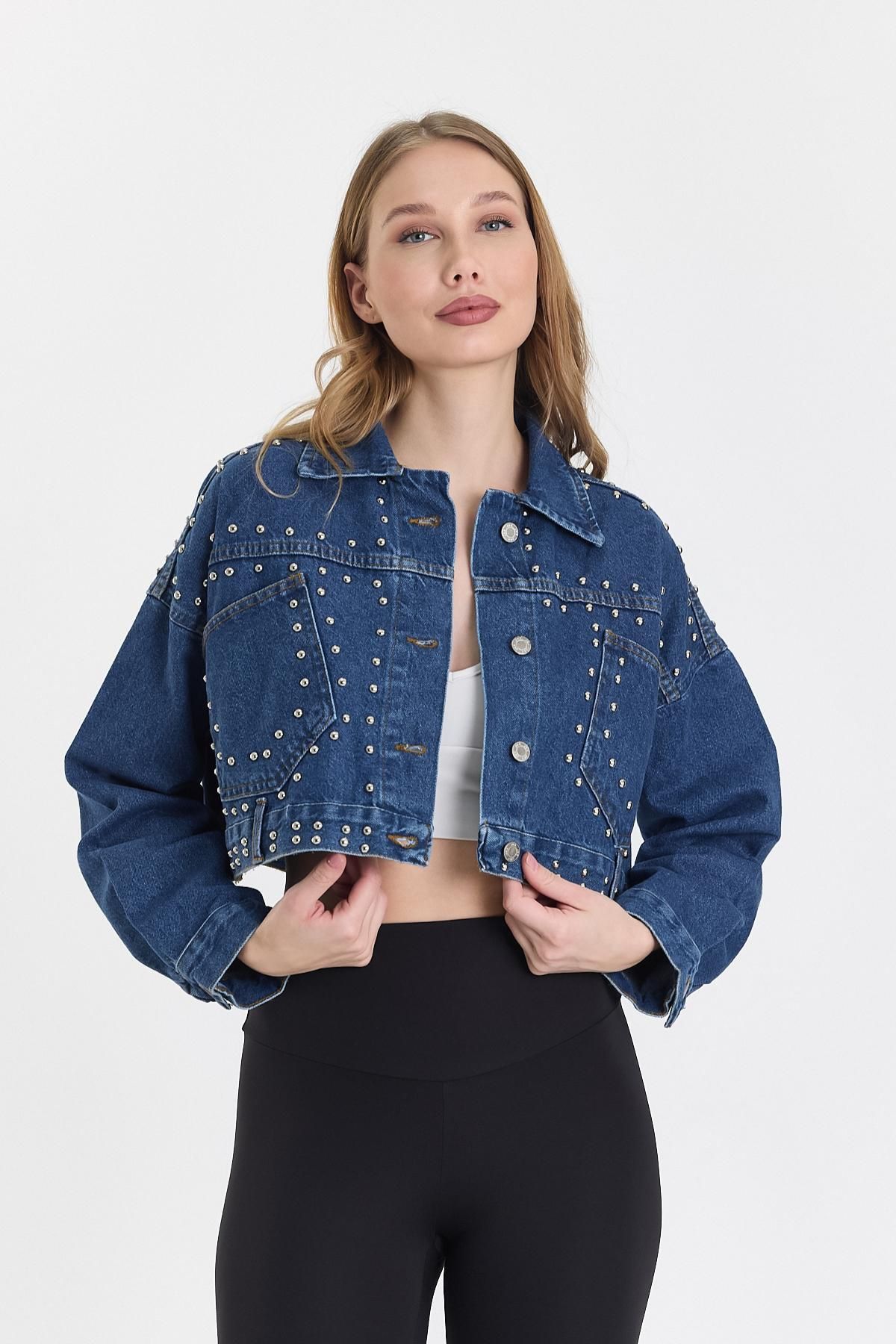 DAMGA JEANS Kadın Jeans Taşlı Kısa Basic Crop Mavi Kot Ceket