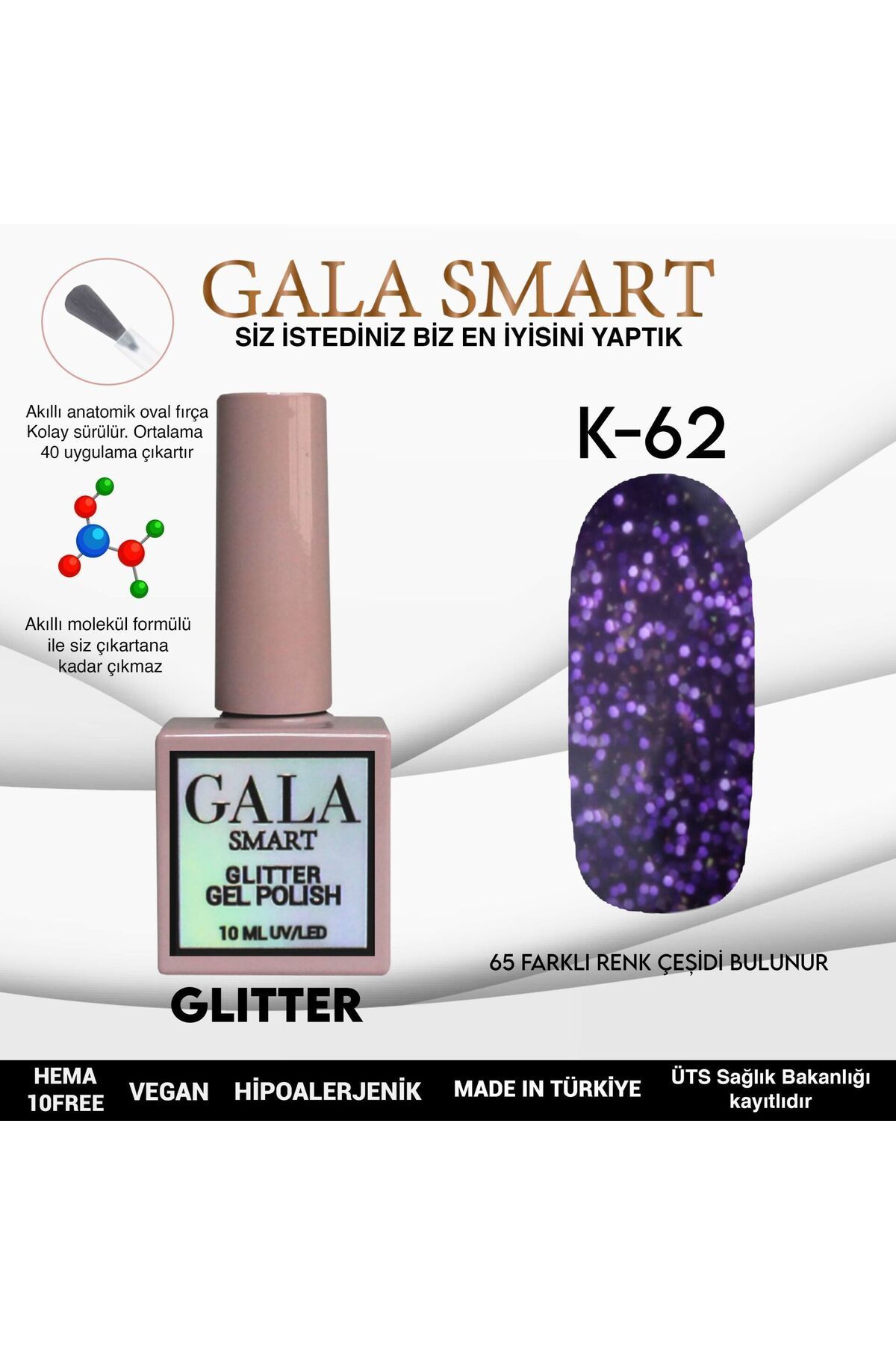 gala smart Glitter Kalıcı Oje 10ml K-62