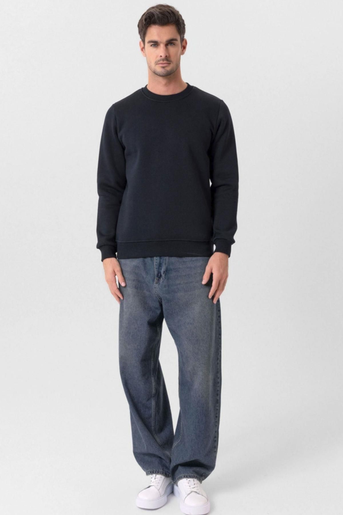 Escetic-Navy Blue Thick Fleece Inside O Neck Regular Fit Winter Men's Sweatshirt T0136 5