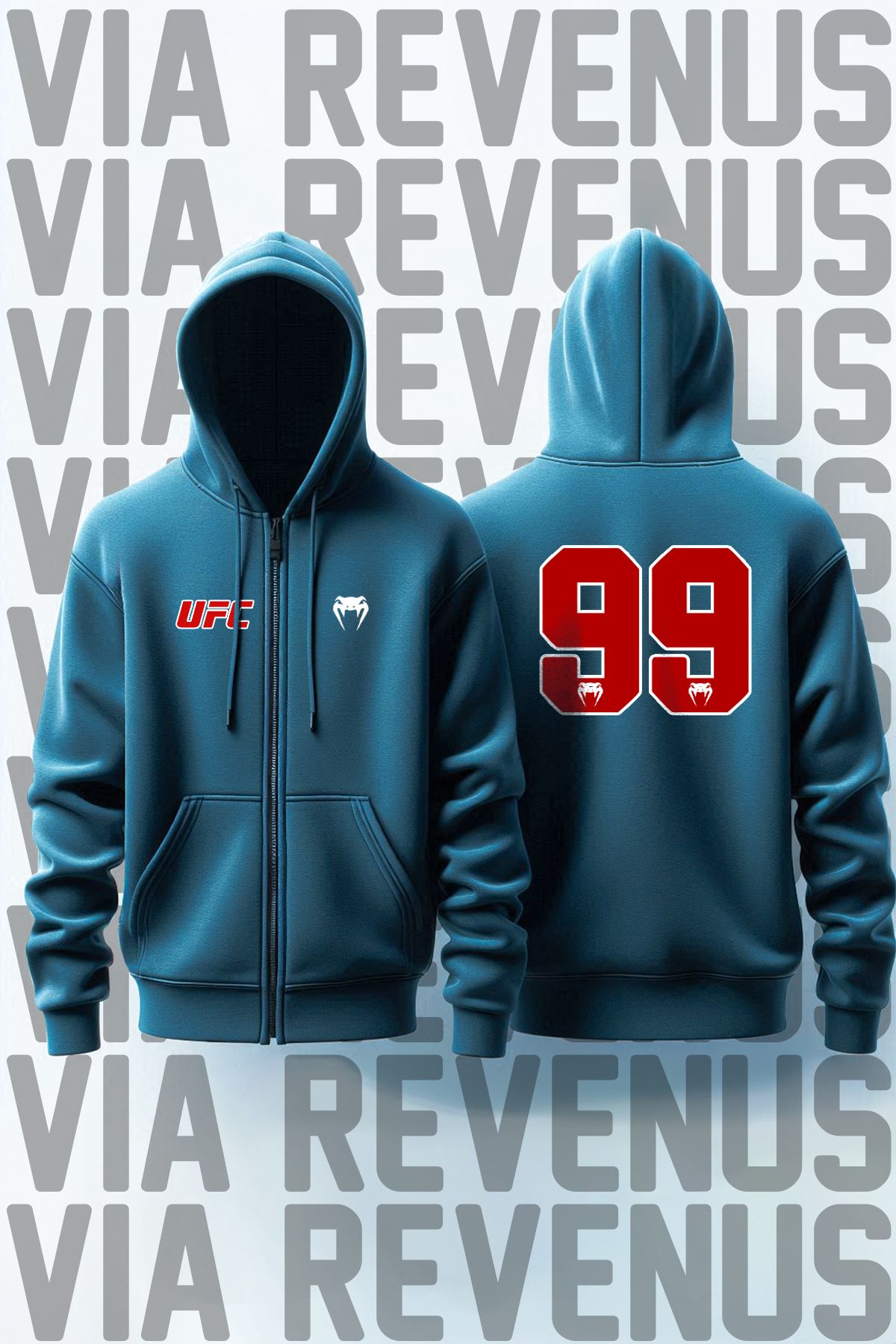 Vordevia UFC Venum 99 Ön ve Arka Baskılı Unisex Fermuarlı Kapüşonlu Gri Sweatshirt Hırka