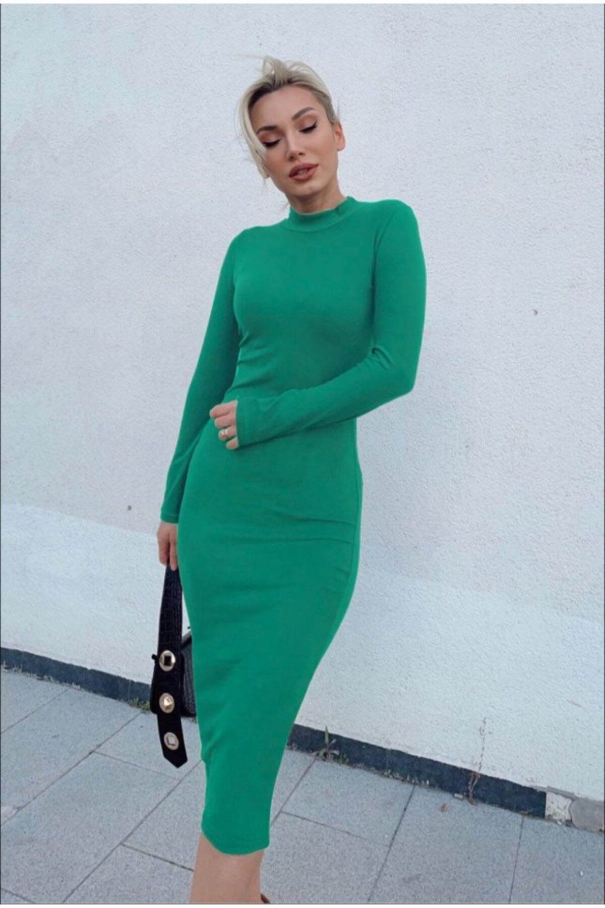 meisa Kadın Yarım Balıkçı Yaka Süet Kumaş Fırsat ürün Midi Boy Elbise