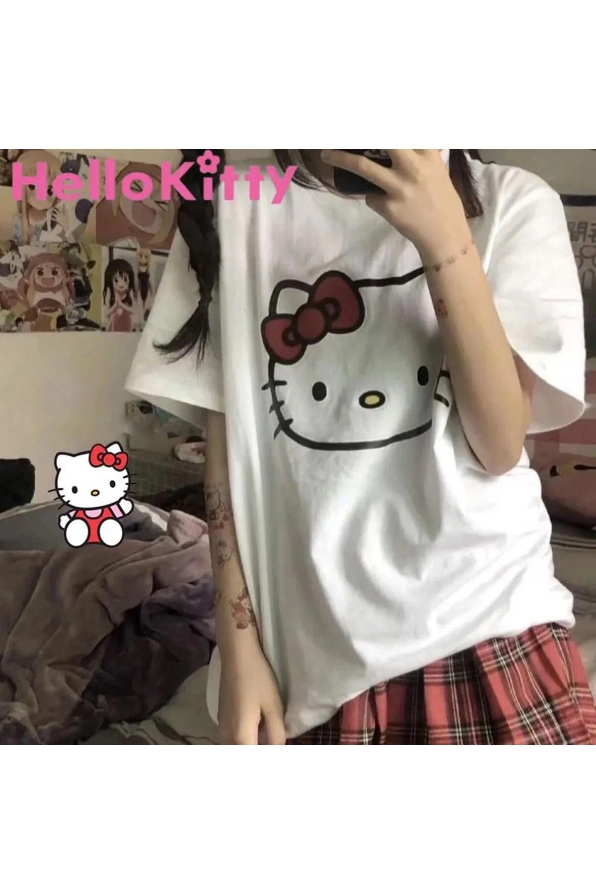 DEEFWEAR - Beyaz Hello Kitty Basic Face Sırt Dijital Baskı Detaylı (Unisex) T-Shirt