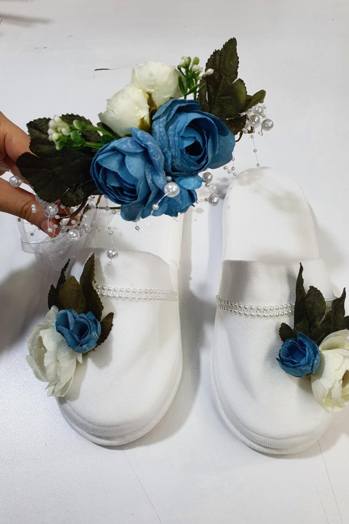 Hobigram Krem Mavi Şakayıklı Lohusa Takımı Bebek Yenidoğan Mevlüt Terliği Hastane Çıkışı Terlik Taç Seti – L fotoğrafı 2 (önizleme)