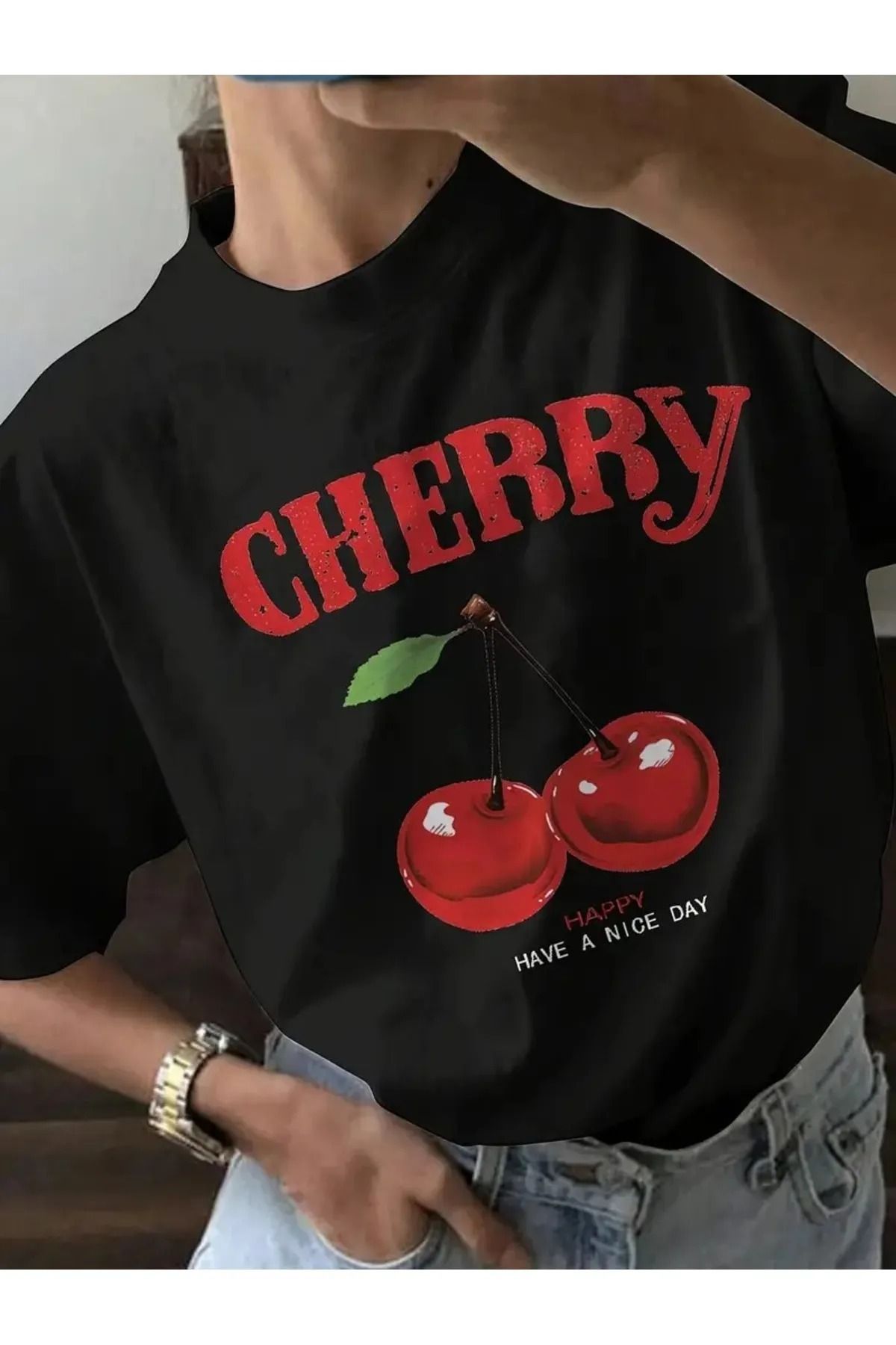 stg spor toptan giyim Kadın Siyah Cherry Kiraz Baskılı Bol Kalıp T-shirt