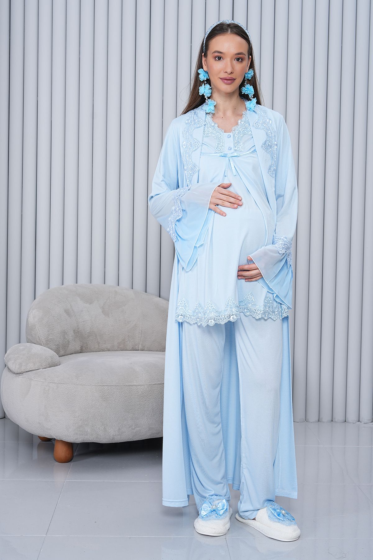 lohusahamile-Pregnant Maternity Pajamas Set with Hidden Breastfeeding Short Sleeve and Blue Dressing Gown 2