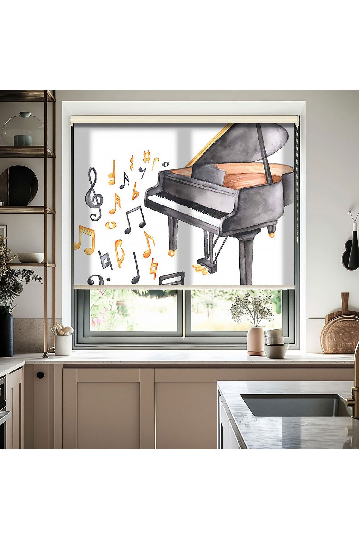 AD Home Piano ve Notalar Baskılı Stor Perde - Baskılı Güneşlik Perdesi - Genç Odası Perdesi (1433_S)