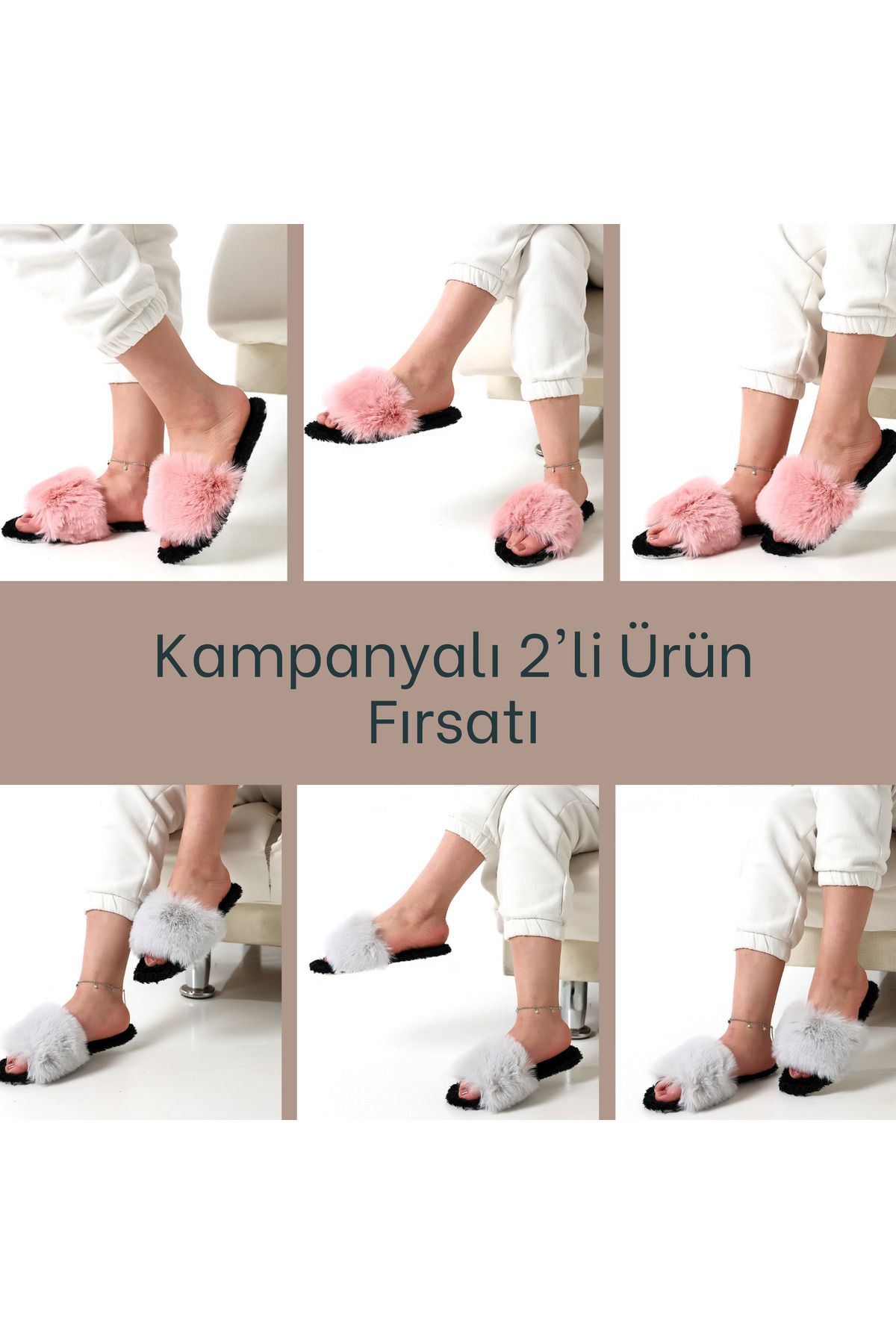 olgun slipper 2li Tüylü Şık Ev Terliği