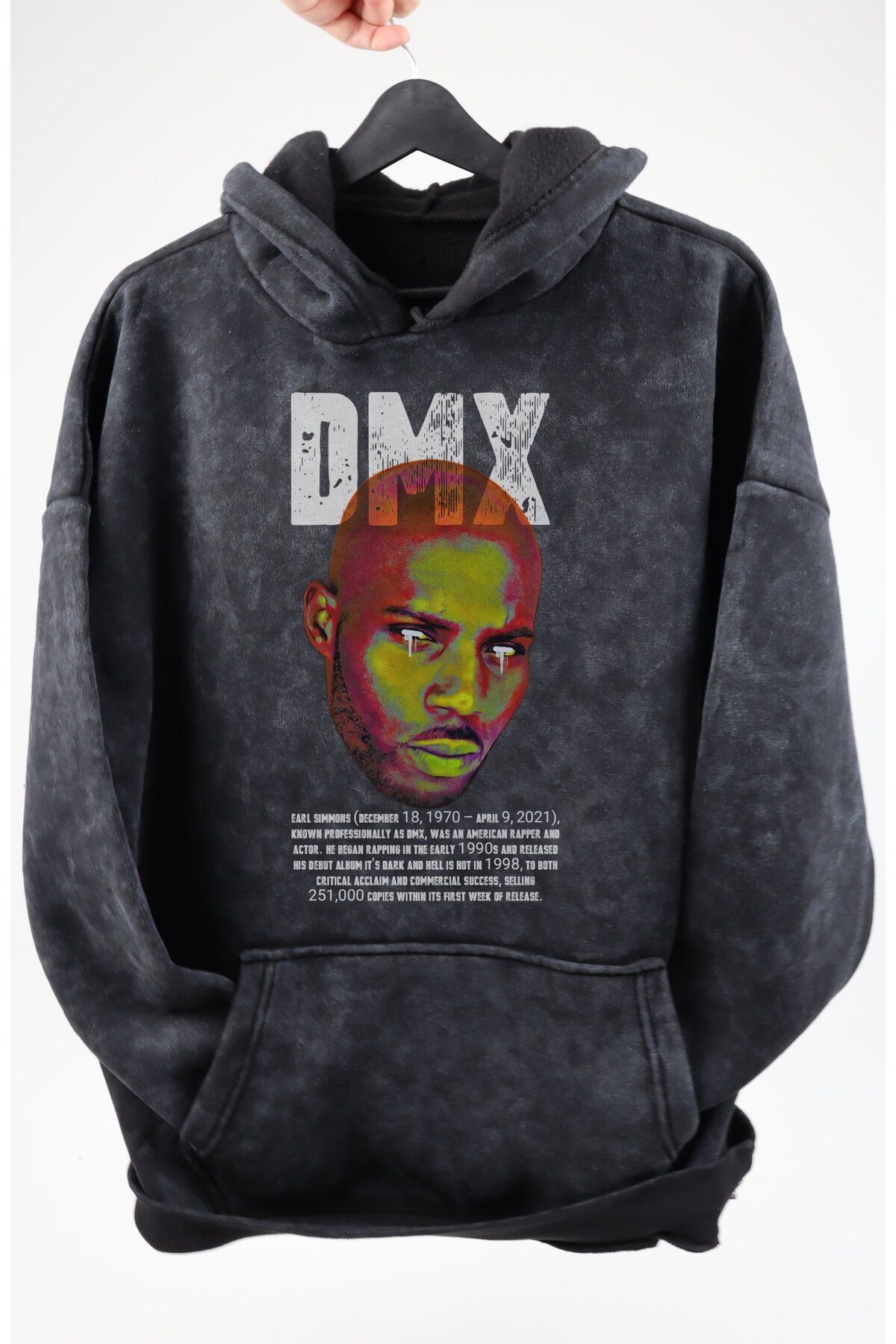 Fuddy Moda Oversize DMX Baskılı Kapüşonlu Yıkamalı Sweatshirt, Unisex Rapper Temalı Vintage Hoodie