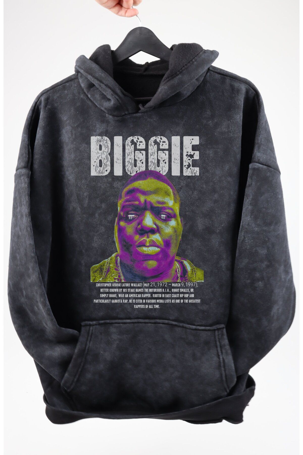 Fuddy Moda Oversize The Notorious B.I.G Biggie Baskılı Kapüşonlu Yıkamalı Sweatshirt, Unisex Rapper Hoodie