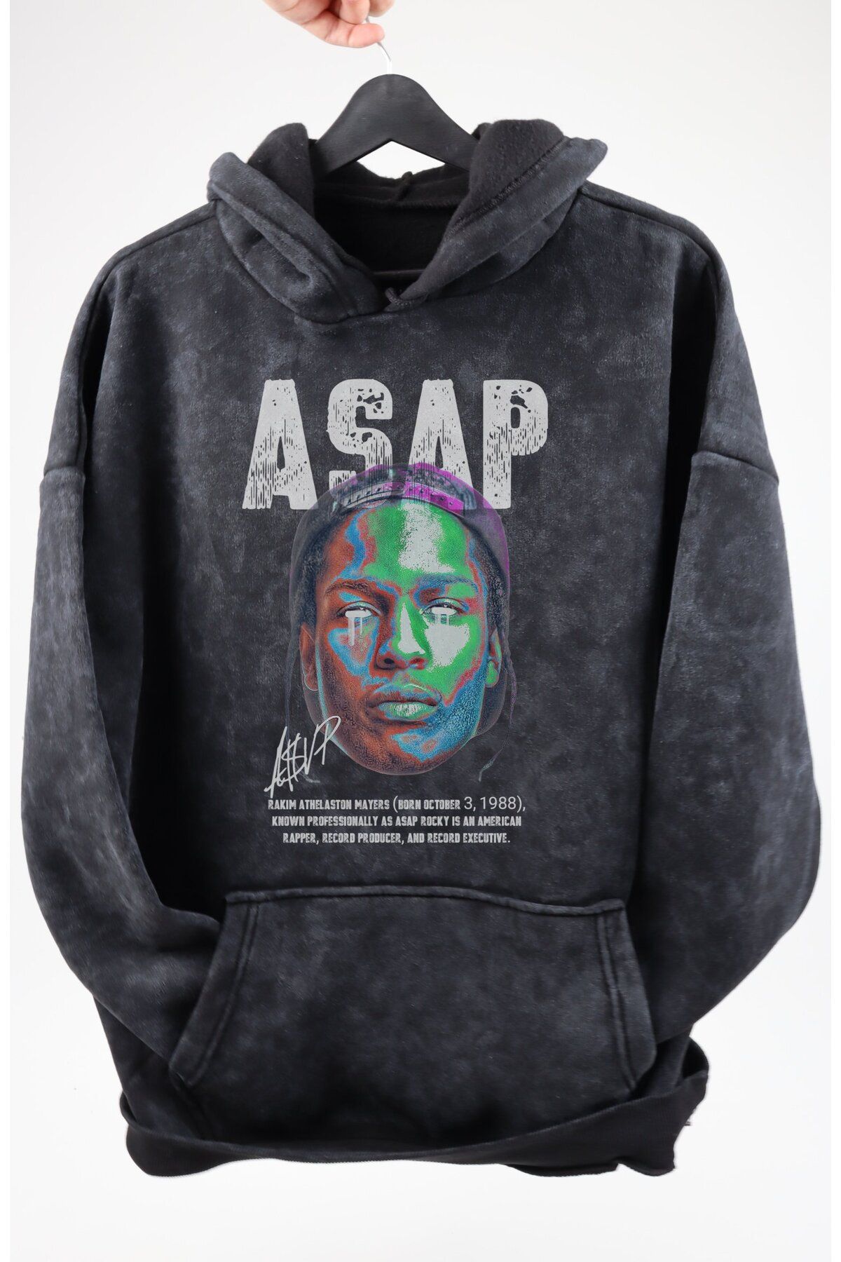 Fuddy Moda Oversize ASAP Rocky Baskılı Kapüşonlu Yıkamalı Sweatshirt, Unisex Rapper Temalı Retro Hoodie