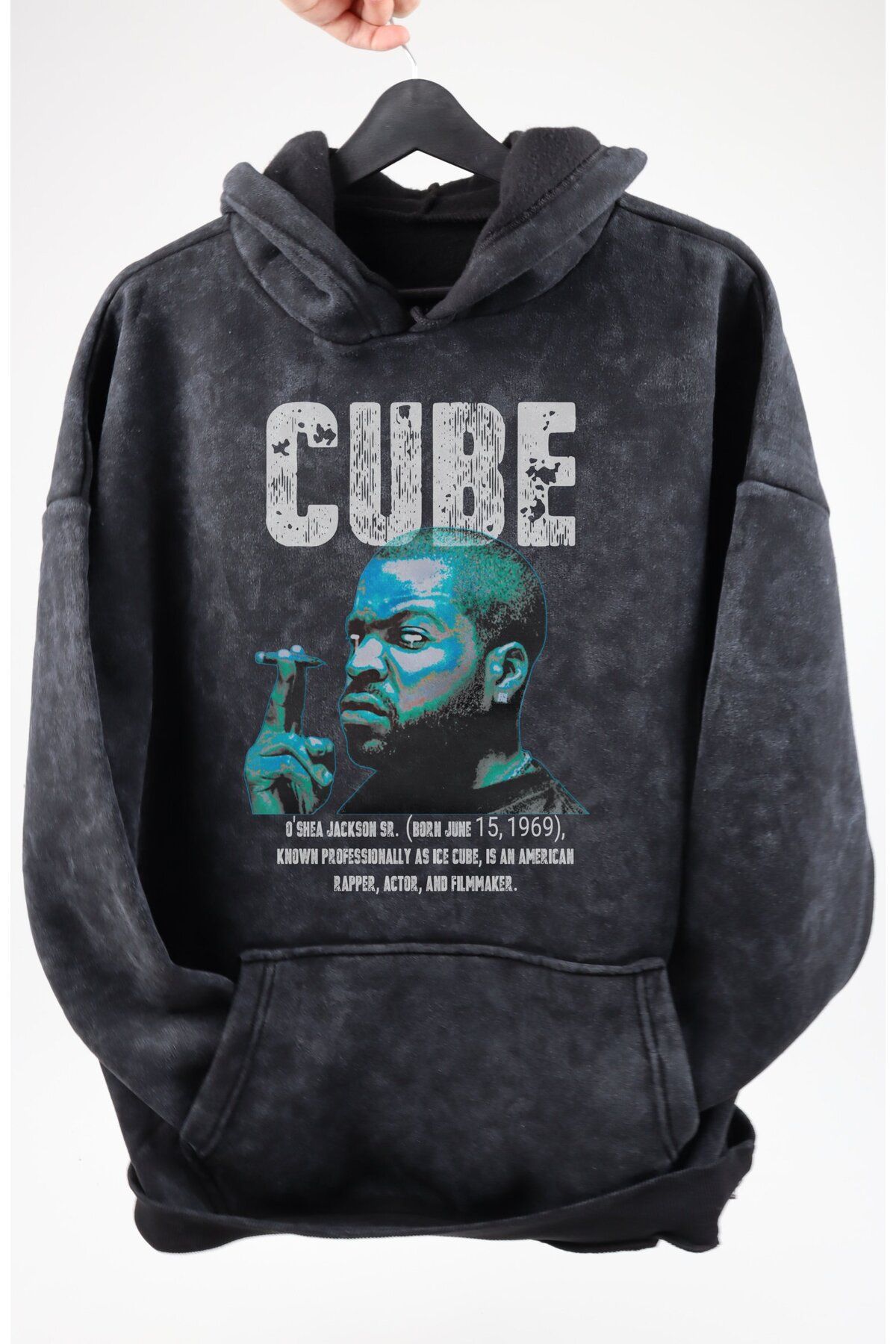 Fuddy Moda Oversize Ice Cube Baskılı Kapüşonlu Yıkamalı Sweatshirt, Unisex Rapper Temalı Eskitme Hoodie