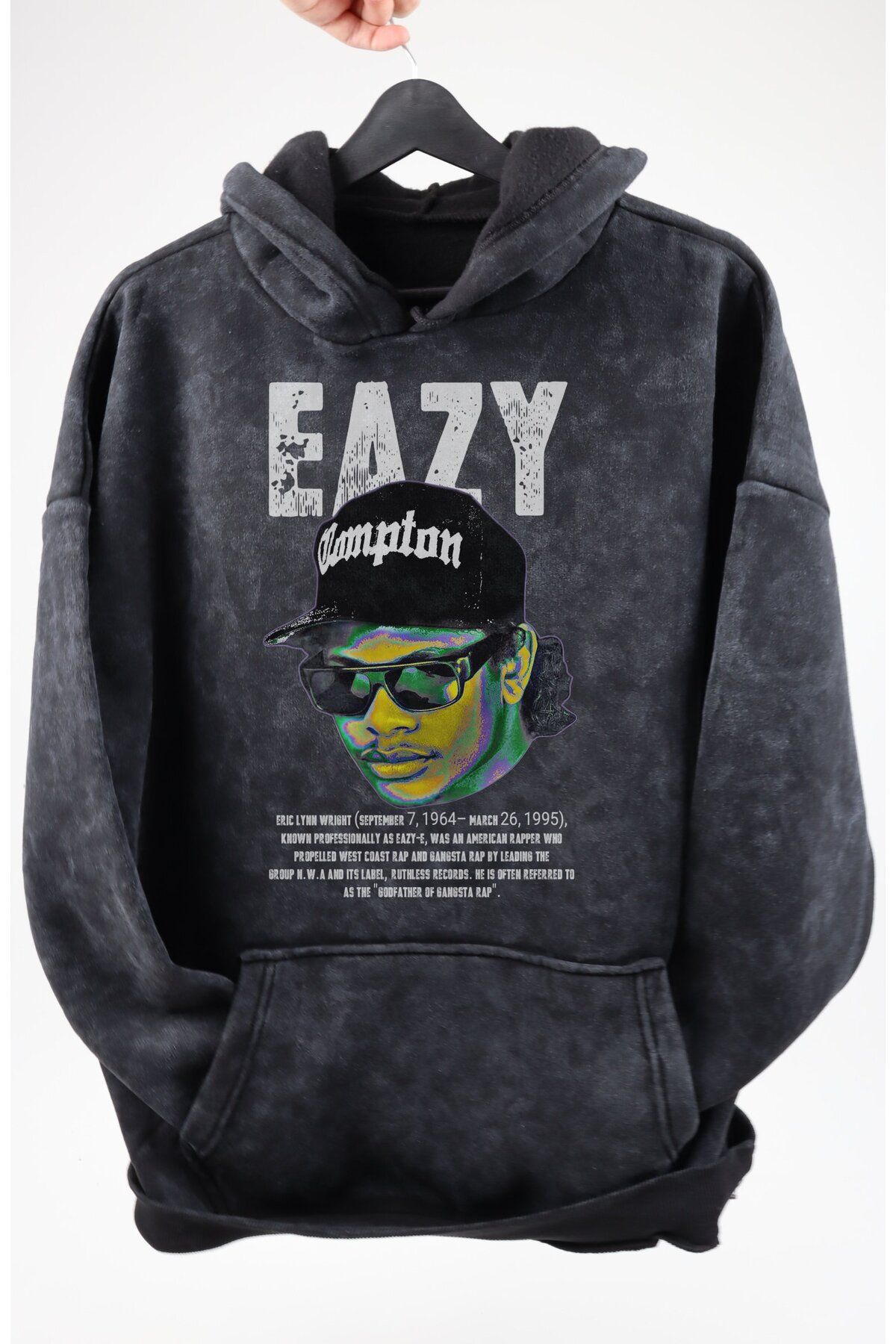 Fuddy Moda Oversize Eazy-E Baskılı Kapüşonlu Yıkamalı Sweatshirt, Unisex Rapper Temalı Vintage Hoodie