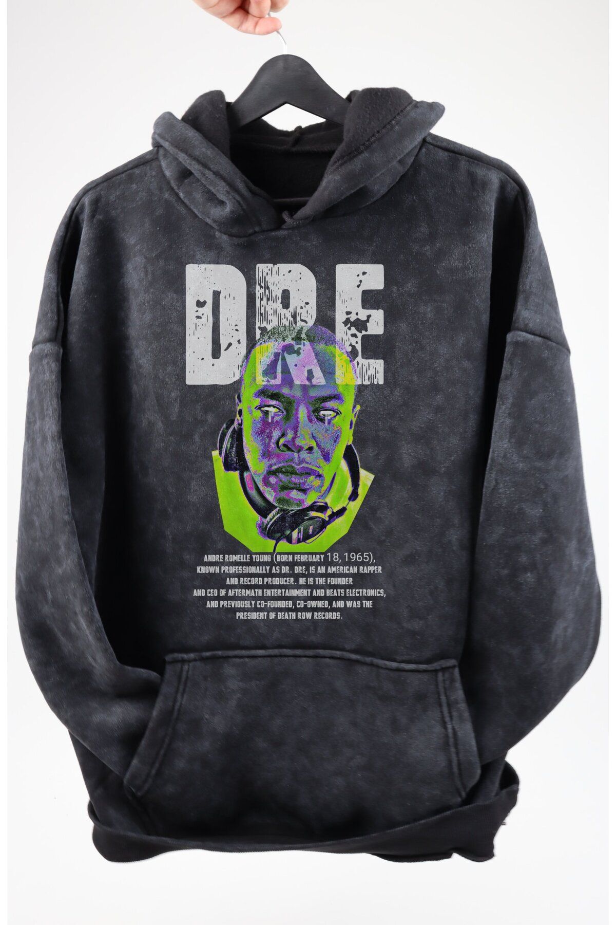 Fuddy Moda Oversize Dr. Dre Baskılı Kapüşonlu Yıkamalı Sweatshirt, Unisex Rapper Temalı Eskitme Hoodie