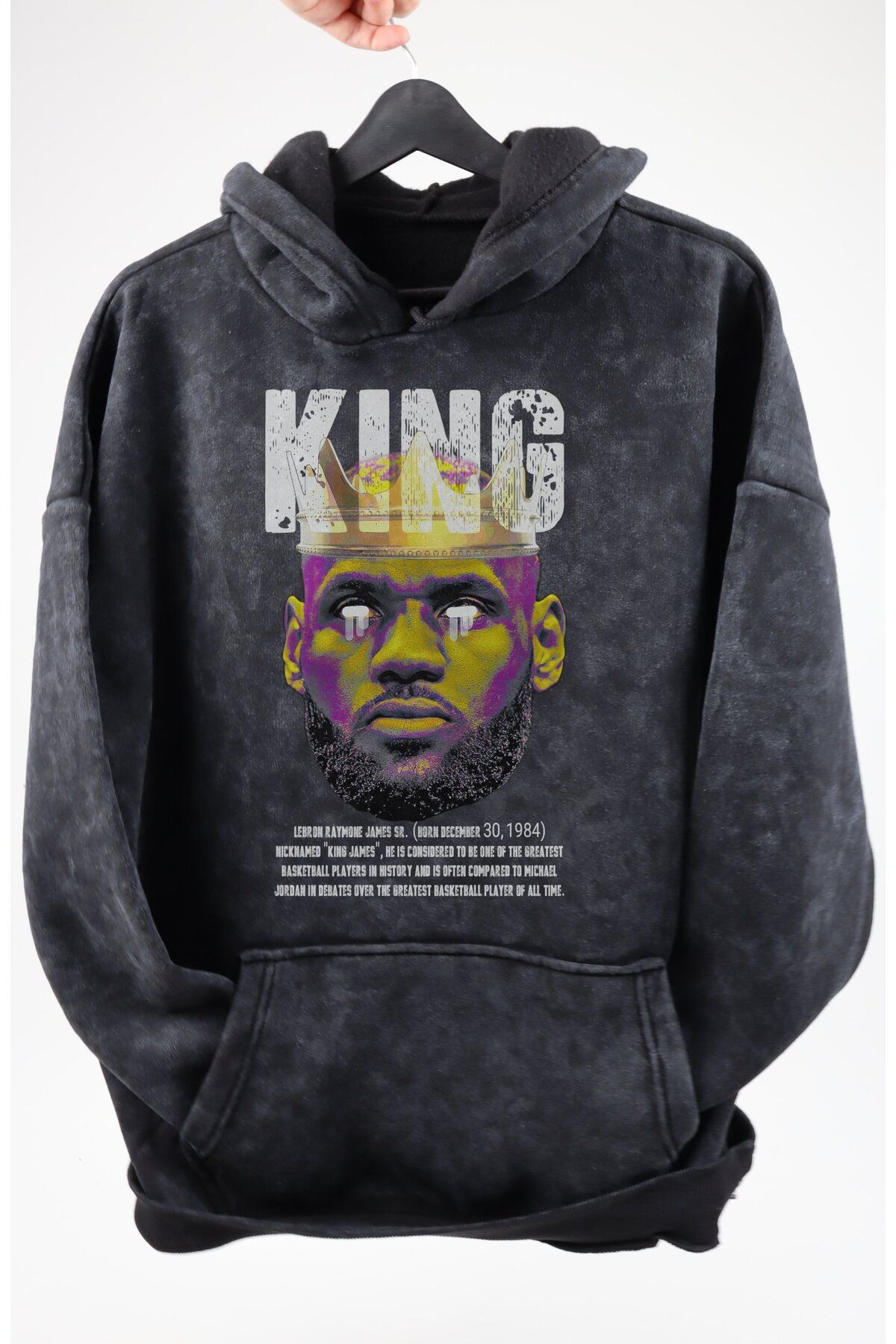 Fuddy Moda Oversize L. James King Baskılı Kapüşonlu Yıkamalı Sweatshirt,Unisex Basketbolcu Temalı Retro Hoodie