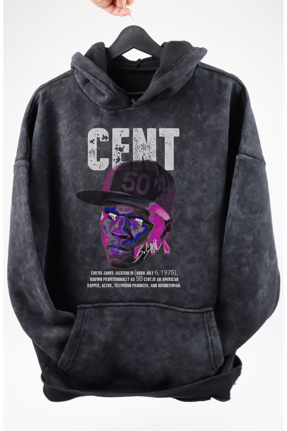 Fuddy Moda Oversize 50 Cent Baskılı Kapüşonlu Yıkamalı Sweatshirt, Unisex Rapper Temalı Vintage Hoodie