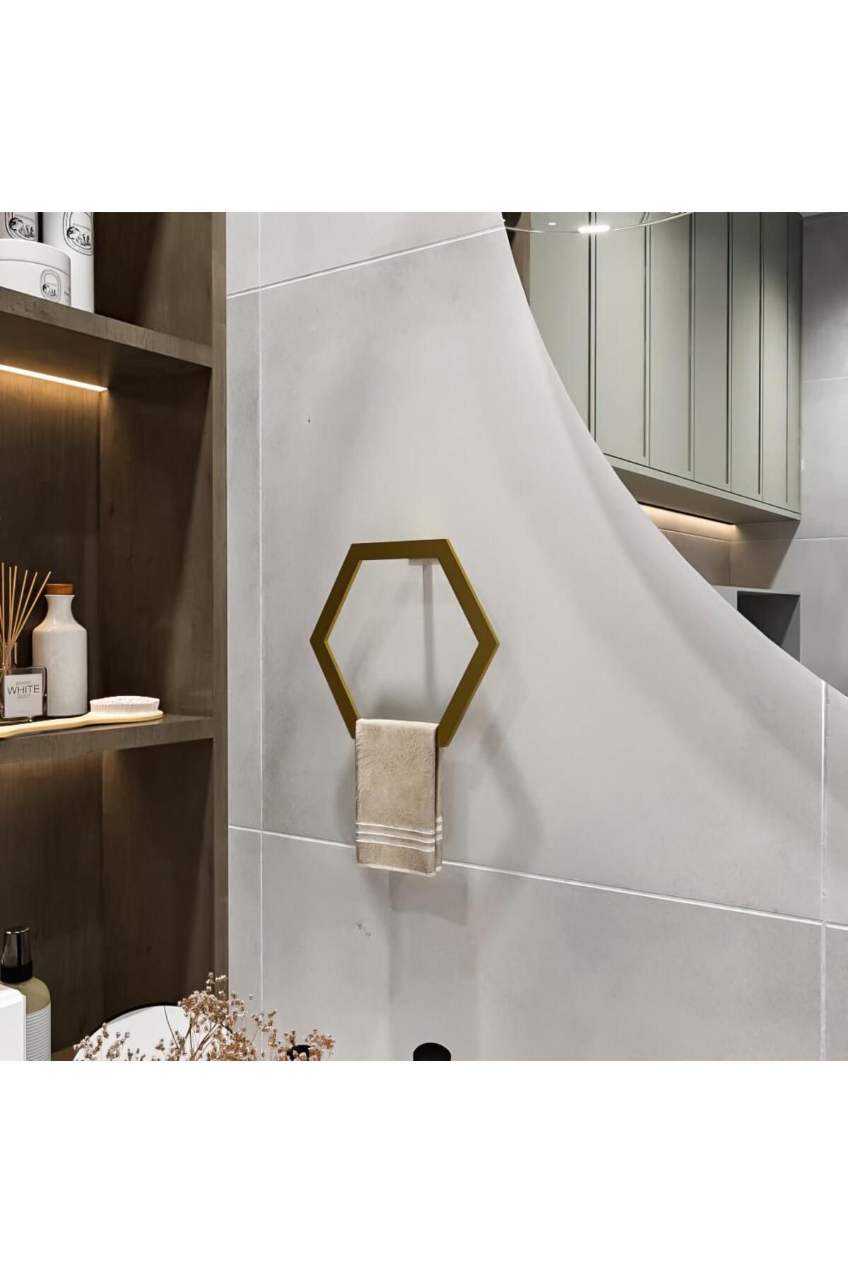 elfmetal Minimalist Altıgen Metal Banyo Havlu Askısı, Duvar Montajlı Modern Havlu Halkası, Banyo Toparlayıcı