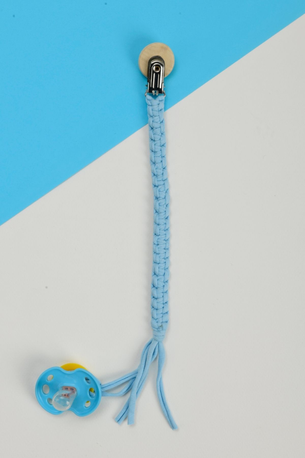 e&f Store-Blue Turtle - Natural Wooden Pacifier Strap Hand Knitted 3