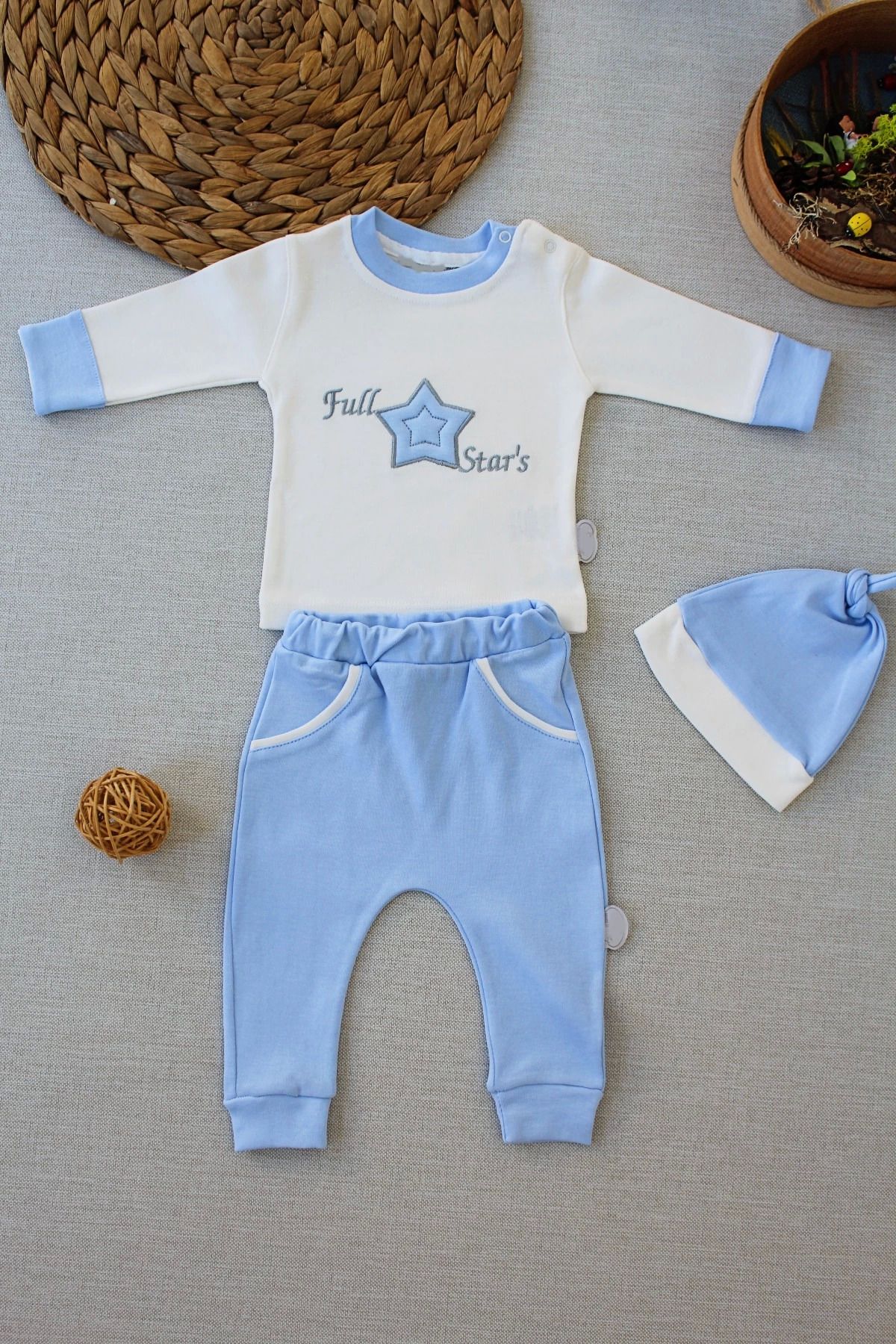 Fashi10 3-6 6-9 9-12 Ay Full Star Nakışlı Şapkalı Uzun Kollu Sweat 3lü Erkek Bebek Takımı Mavi