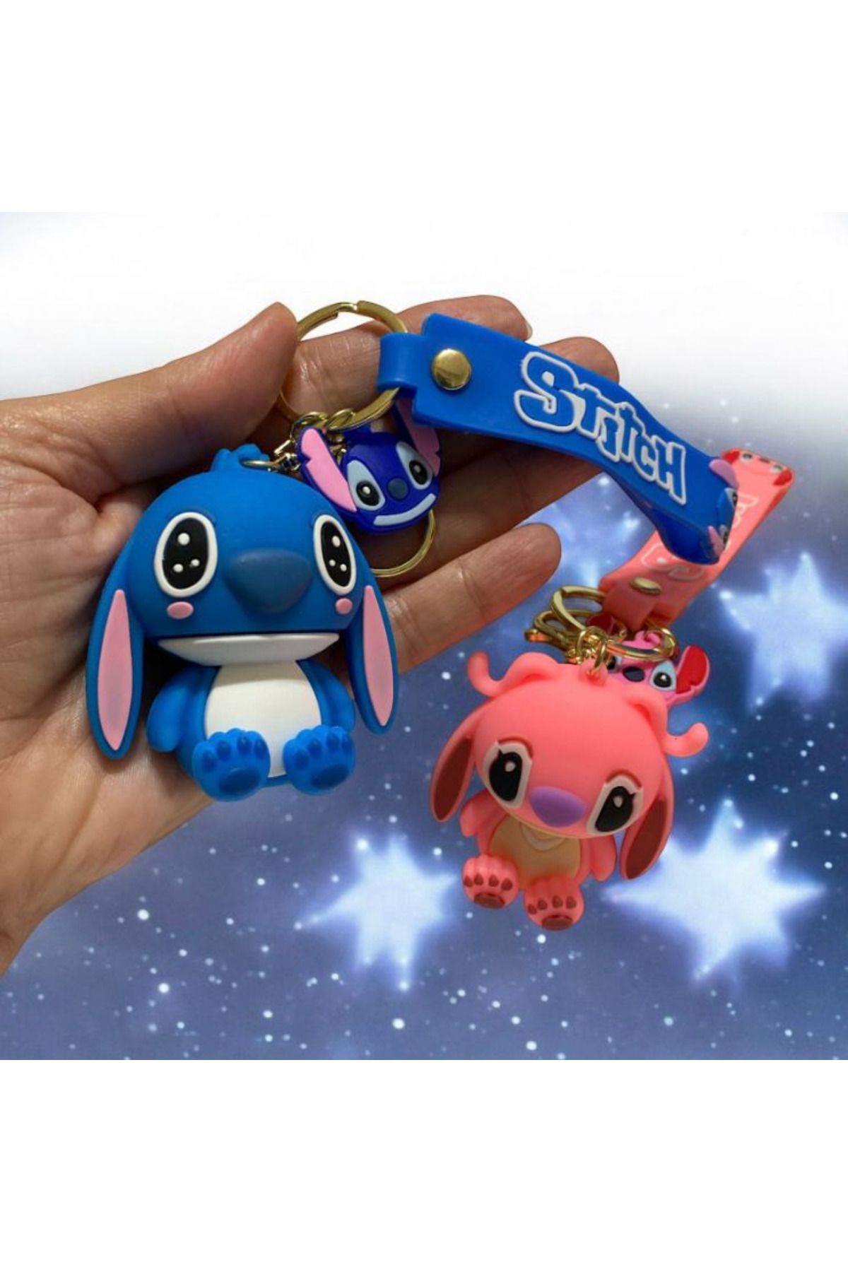 ÇERÇİ MELEK Stitch Figürlü 6 cm Büyük Boy 2’li Anahtarlık – Pembe ve Mavi