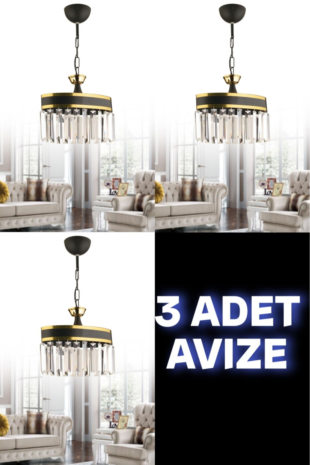 KUZEY AYDINLATMA ŞİFA OVAL 3 ADET TEKLİ KRİSTAL TAŞLI AVİZE