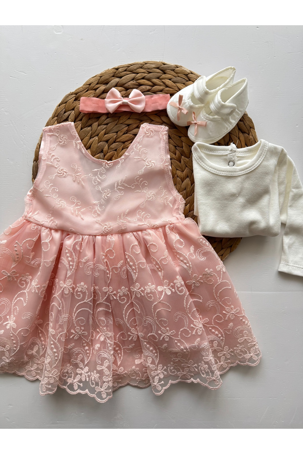 PİLEKİ BABY ( 4 Parça ) 0 4 Ay Yenidoğan Bebek Mevlüt Elbisesi Prenses Elbise Dantelli Kız Bebek Elbisesi fotoğrafı 2 (önizleme)