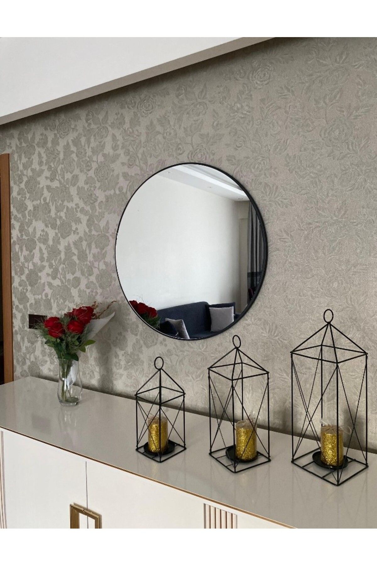 Mirror home 50 cm siyah metal çerçeveli yuvarlak hol,dressuar ve banyo aynası