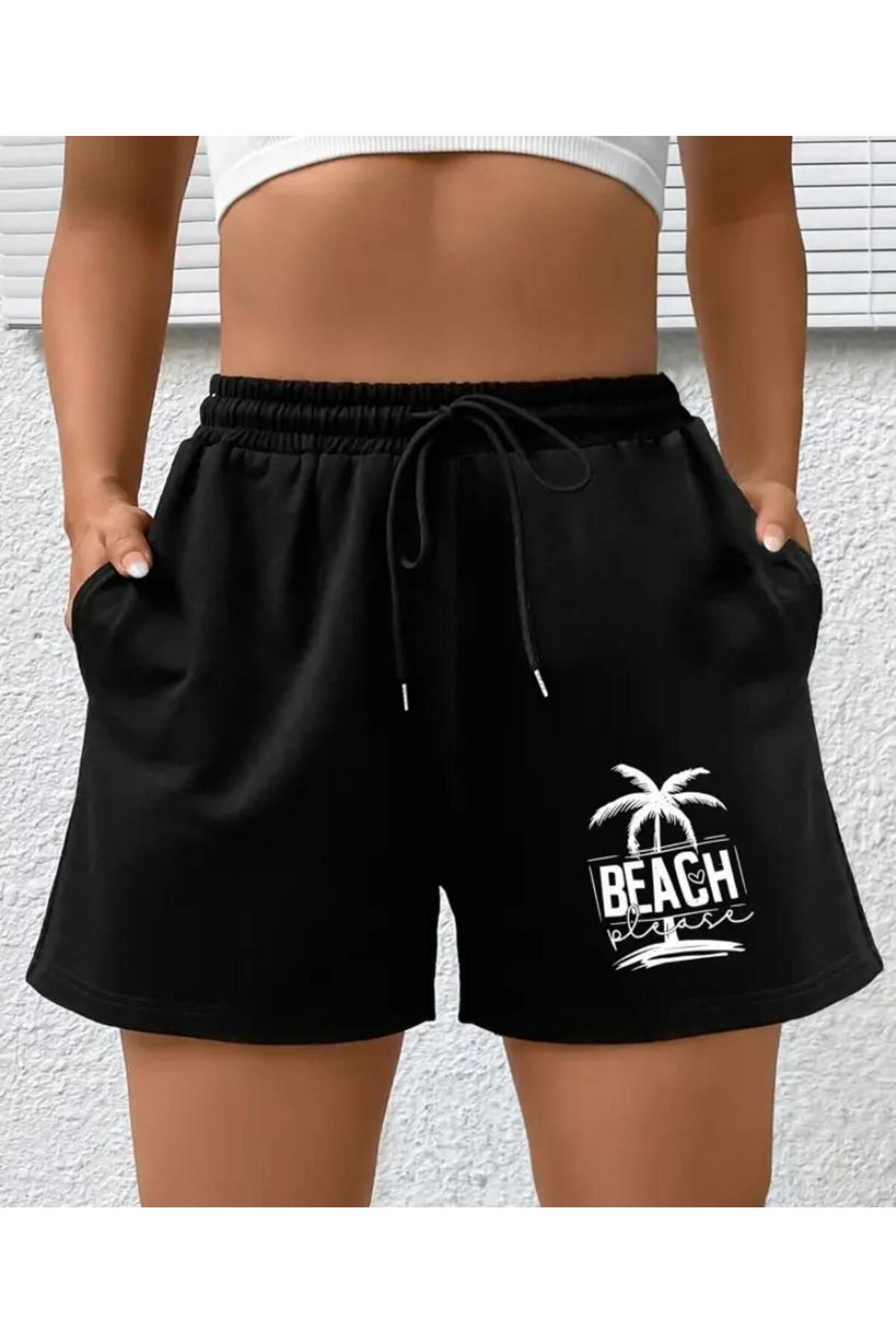 caddekombin Unisex Beach Baskılı Bermuda Cepli Kordonlu Comfort Fit Kalıp Siyah Şort