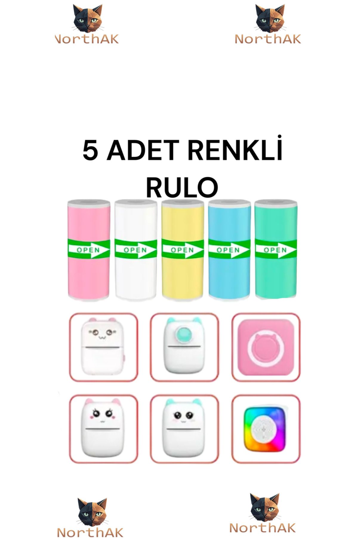 Home Renkli Mini Yazıcı Rulo 5 Adet Yapışkanlı Sticker - 5 Adet Renkli Mini Yazıcı Rulosu