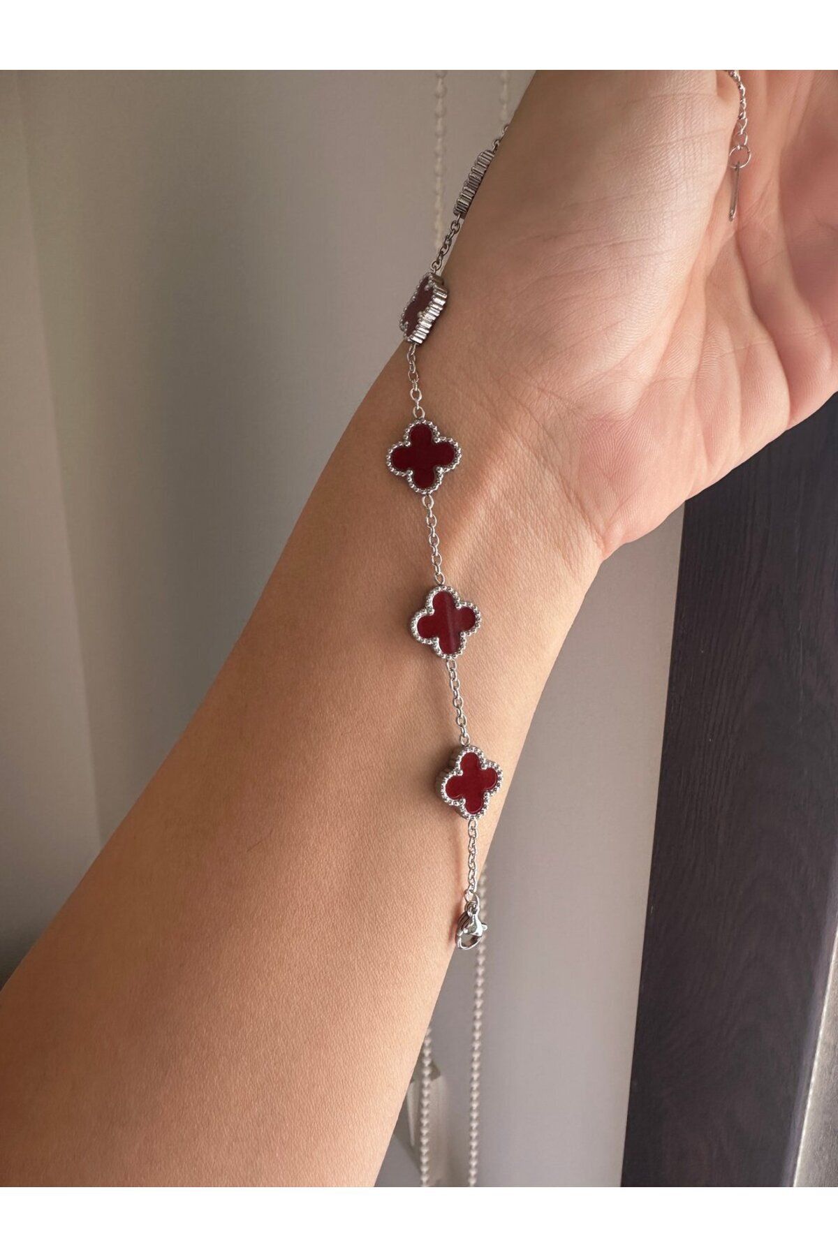 GUNESTAKI Silver Cleef Model Bordo Çelik Yonca Bileklik Büyük Boy