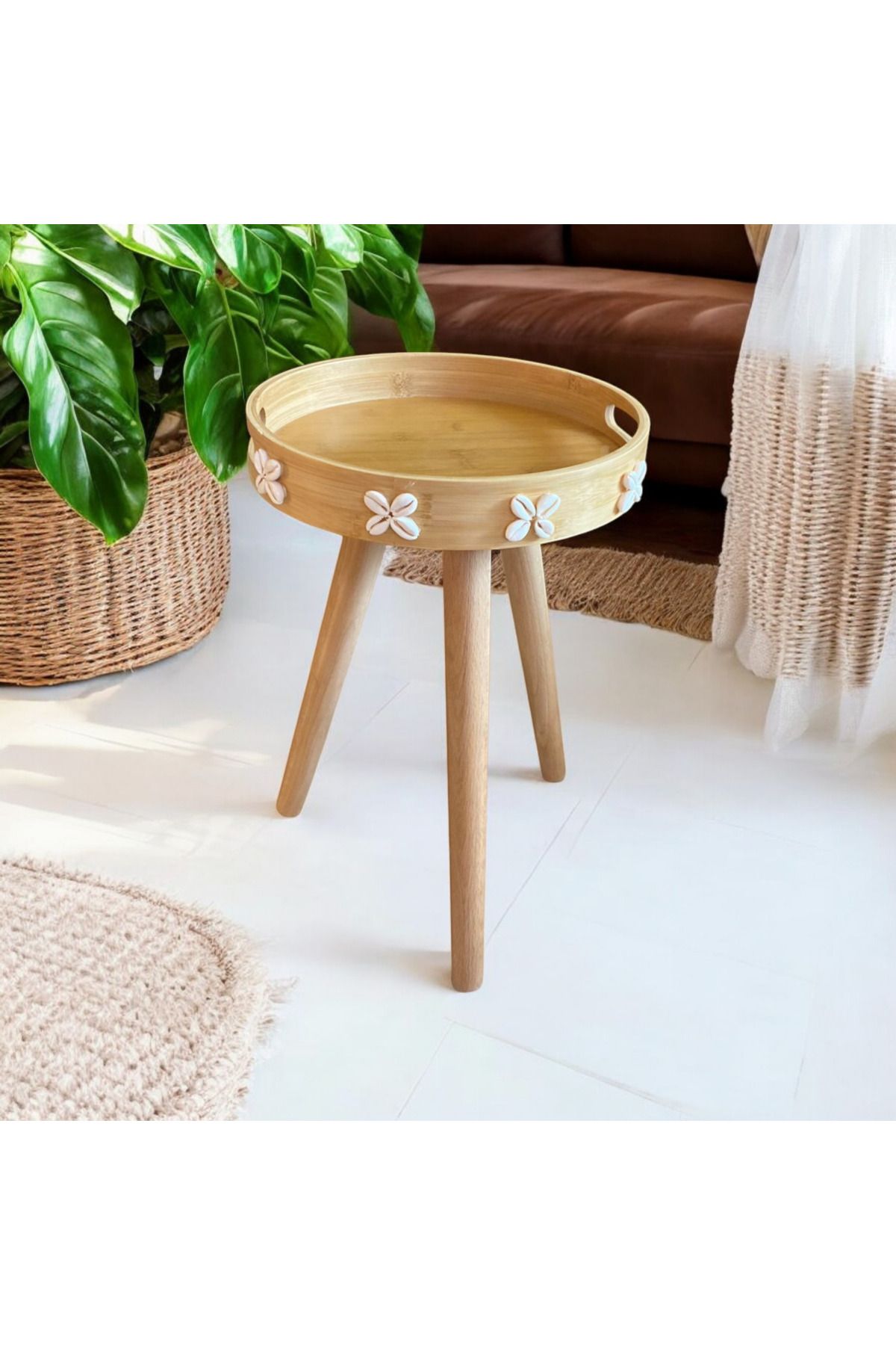 Toprak Design Bohem(35cm)  Ahşap Deniz kabuklu Bambu Yan sehpa, bohem İskandinav zigon sehpa