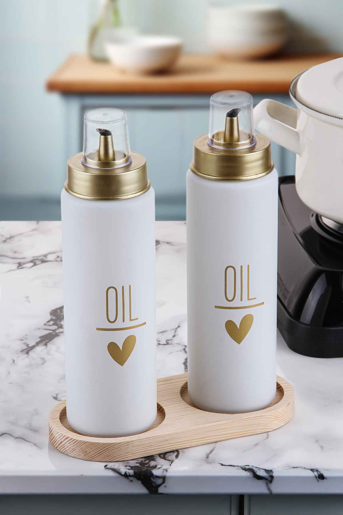 Sezka Life-Set of 2 Sippy-Free Oil Pots - Glass Oil Pot Vinegar and Wooden Base 500ml White 1