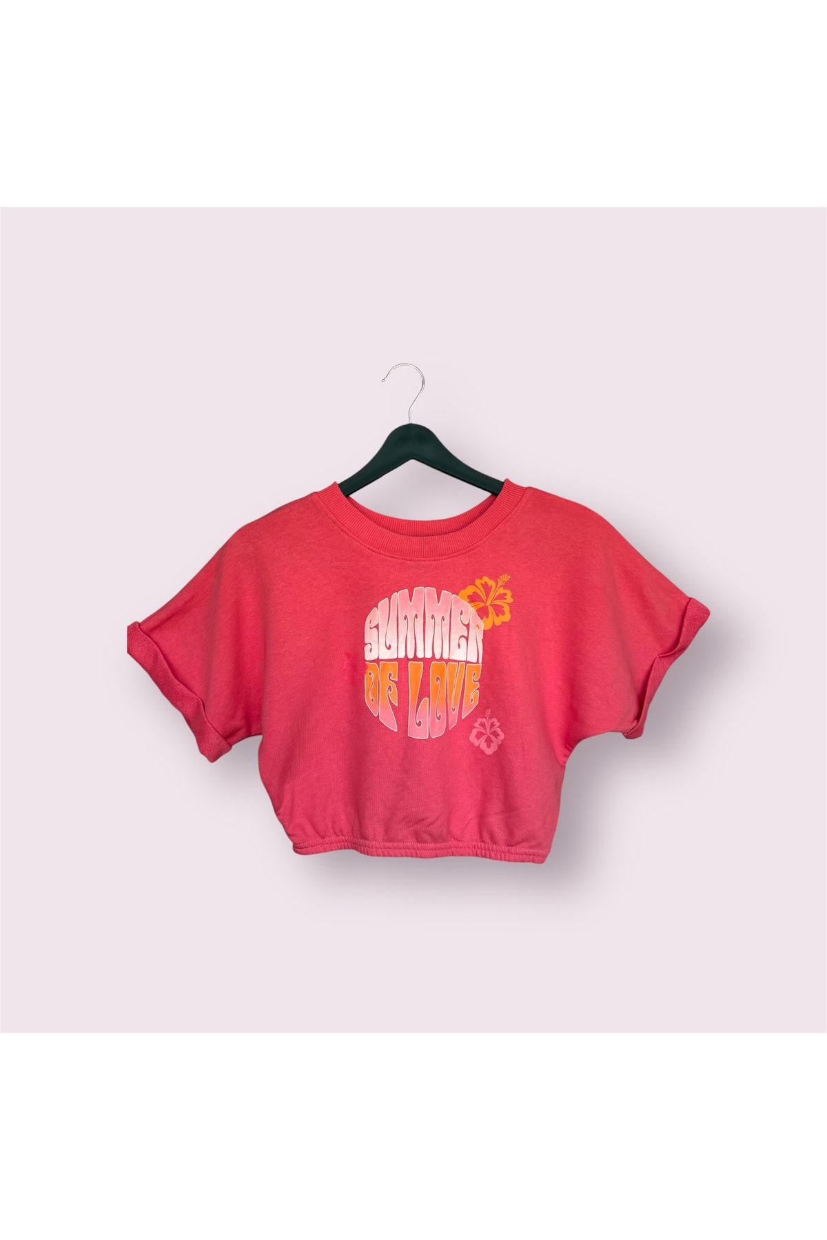 The Yin Mama Kadın Pembe Kısa Kollu Bisiklet Yaka Belden Lastikli Crop T-Shirt