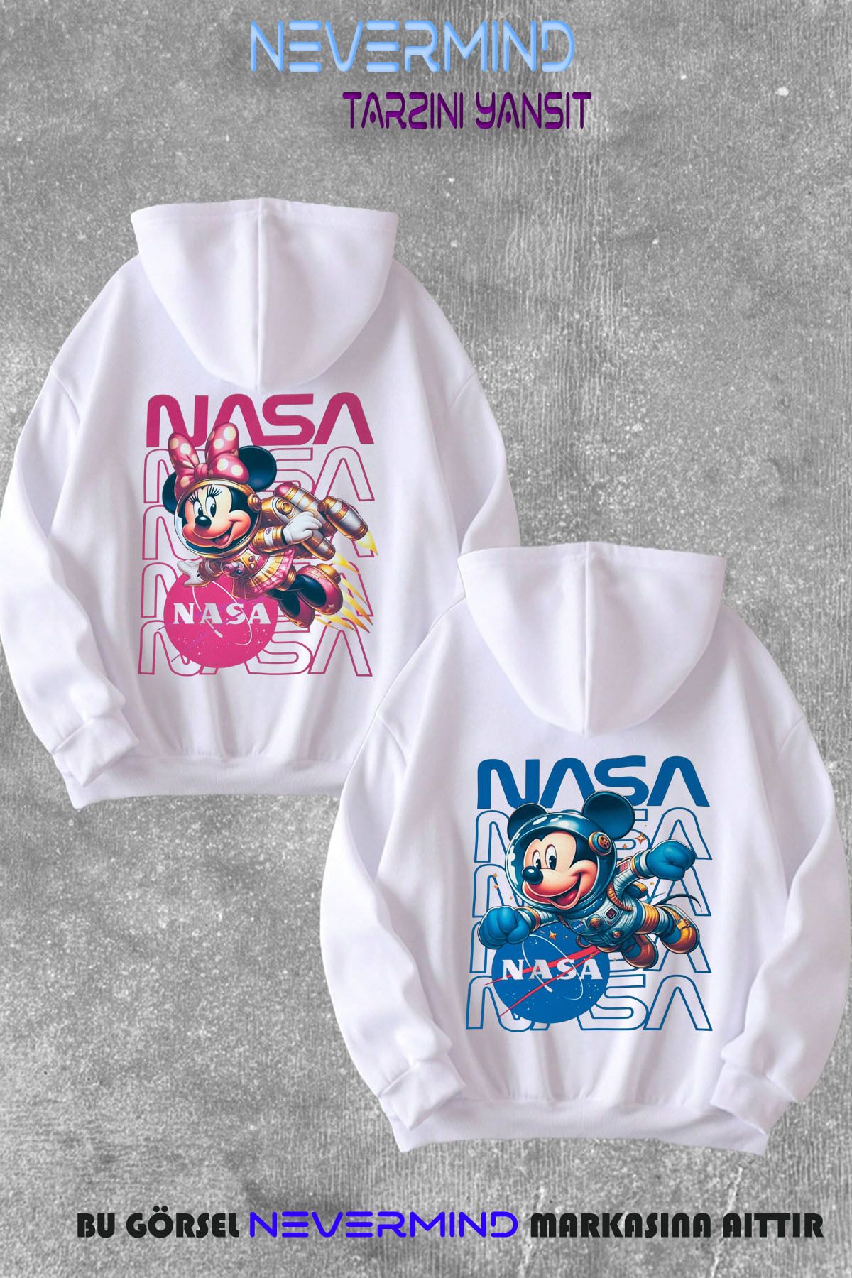 NEVERMIND Sevgili & Arkadaş Çift Kombini Mickey ve Minnie Mouse Nasa Baskılı Kapüşonlu Sweatshirt 2li Takım