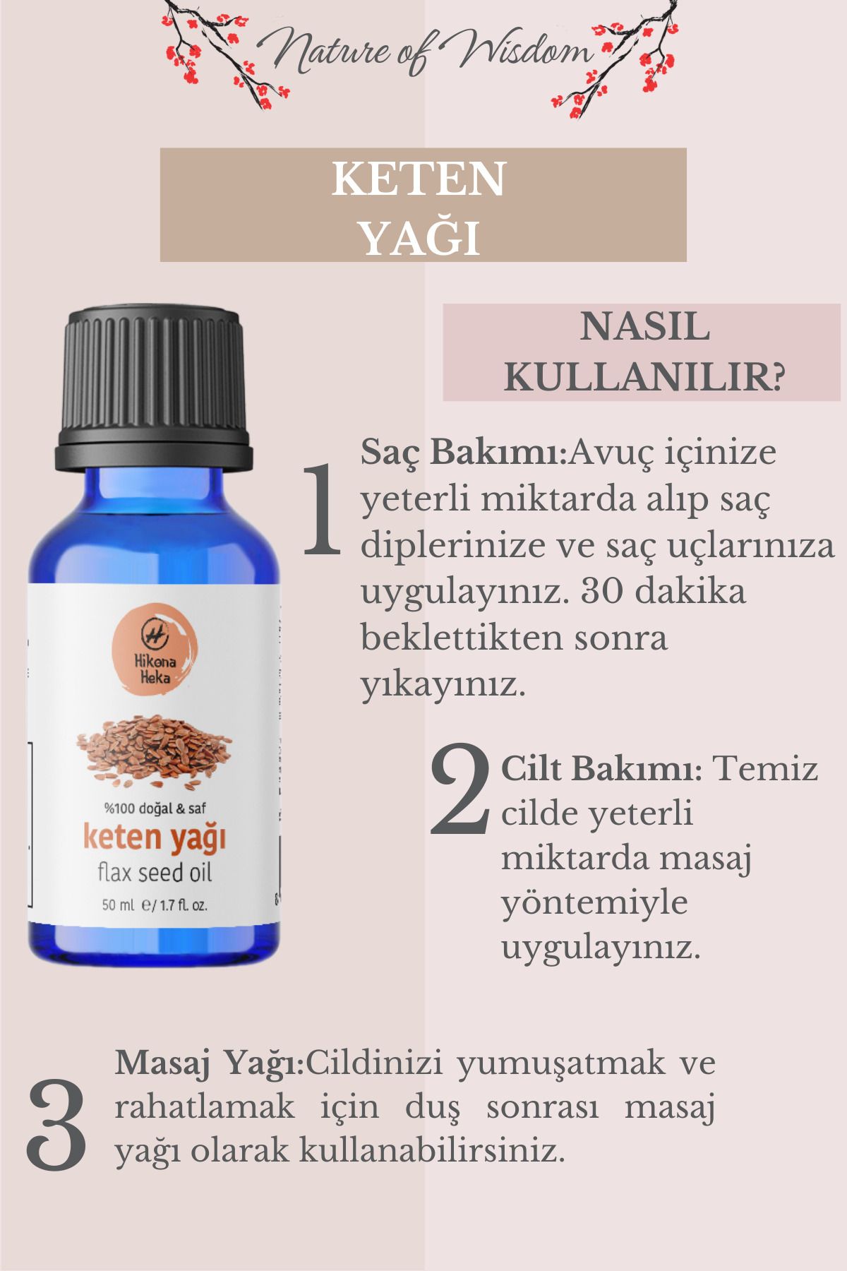 Hikona Heka Keten Yağı %100 Saf Ve Doğal Soğuk Sıkım 50 ml ( Cilt Ve Saç Bakımı)