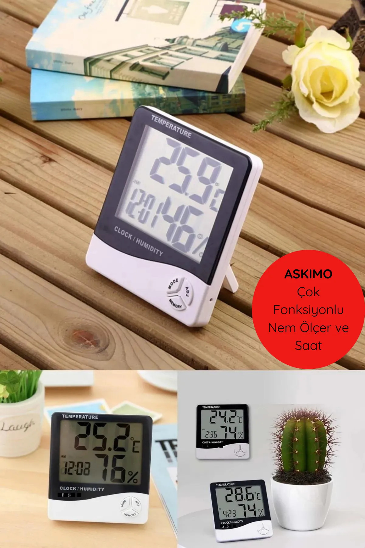 Askımo Derece Termometre Isı Nem Saat Alarm Mini Dijital Termometre Nem Ölçer Oda Sıcaklığı Iç Mekan