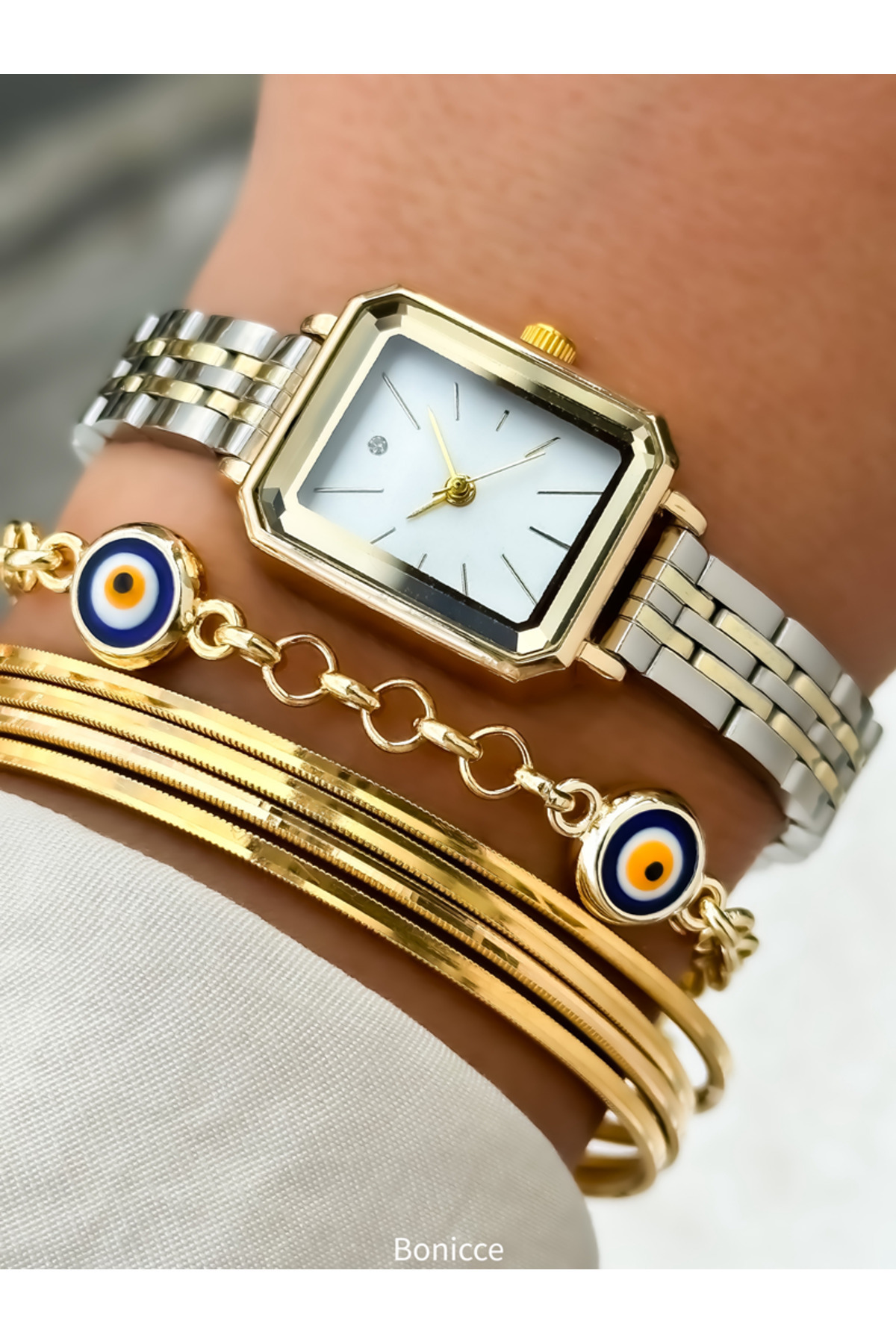 Brand Silver/yellow Color, Metal Strap, In Box, Women's Square Wrist Watch Bracelet