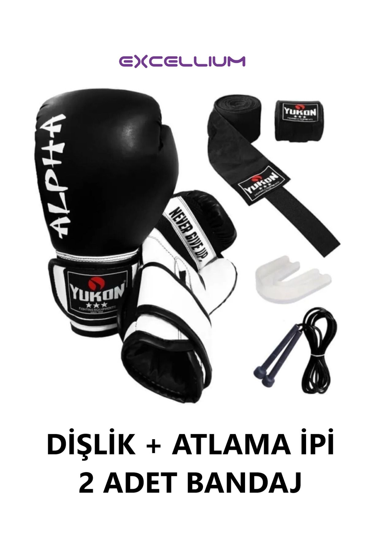 PLUSSPORT EXCELLİUM SERİSİ SİYAH ÖZEL SERİ BOKS SETİ ( 2 ADET BANDAJ - ATLAMA İPİ - DİŞLİK )