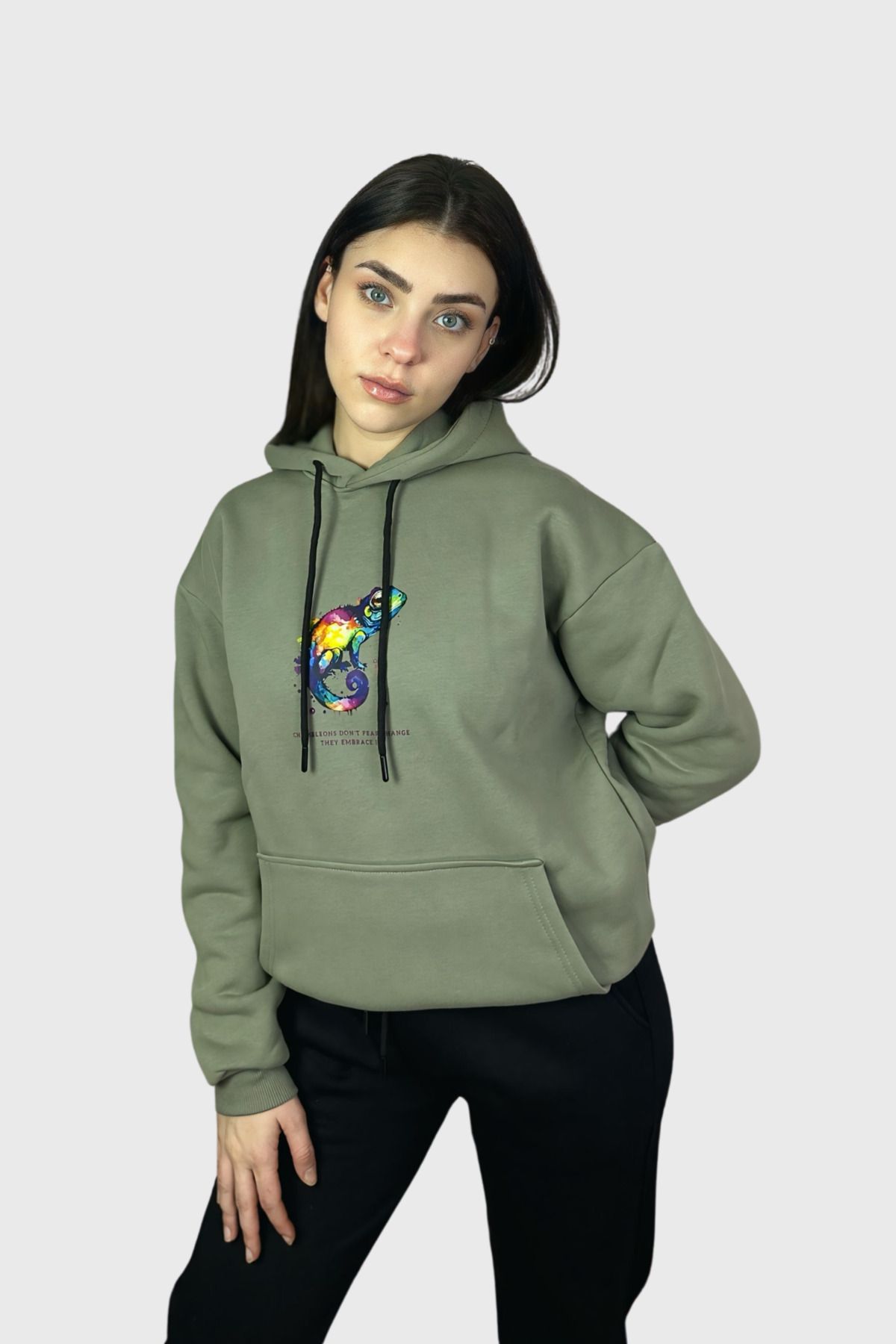 Butik Renkli Bukalemun Pamuklu Oversize Özel Tasarım Sweatshirt