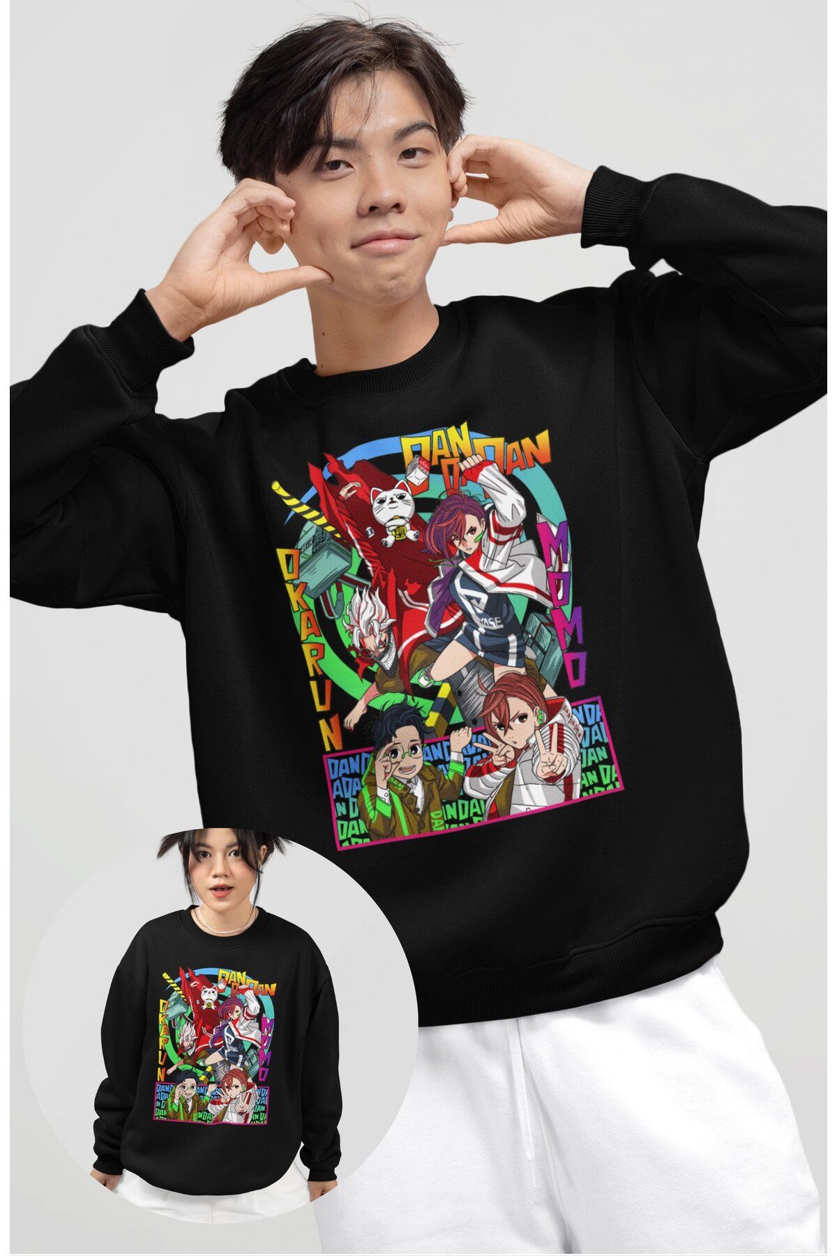 Fuddy Moda Oversize Dandadan Baskılı Kapüşonsuz Sweatshirt, Unisex Anime Temalı Bisiklet Yaka Sweat