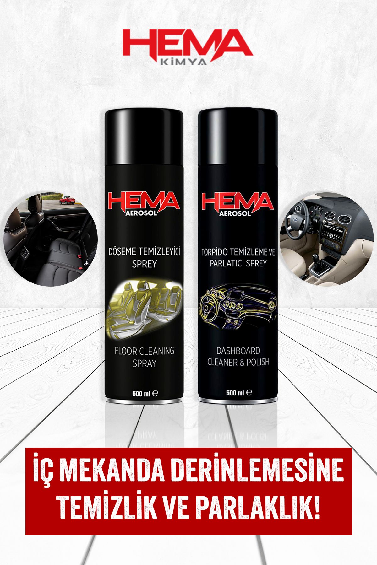 HEMA 400ml Torpido Temizleme ve Parlatma Spreyi + Döşeme Temizleme Spreyi 500ml Paketi