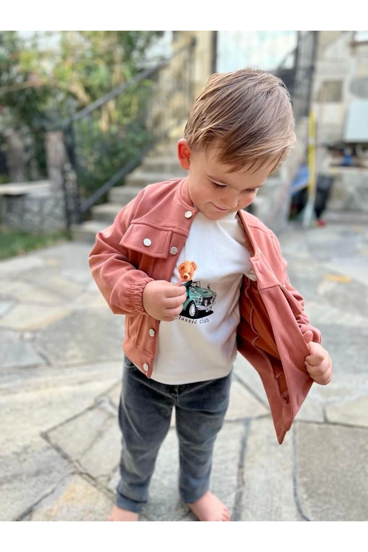 velmorafashion 4-5-6 Yaş Kot Pantolonlu Nubukceketli Uzun Kollu Penye Sweat 3lü Erkek Çocuk Takımı Kiremit