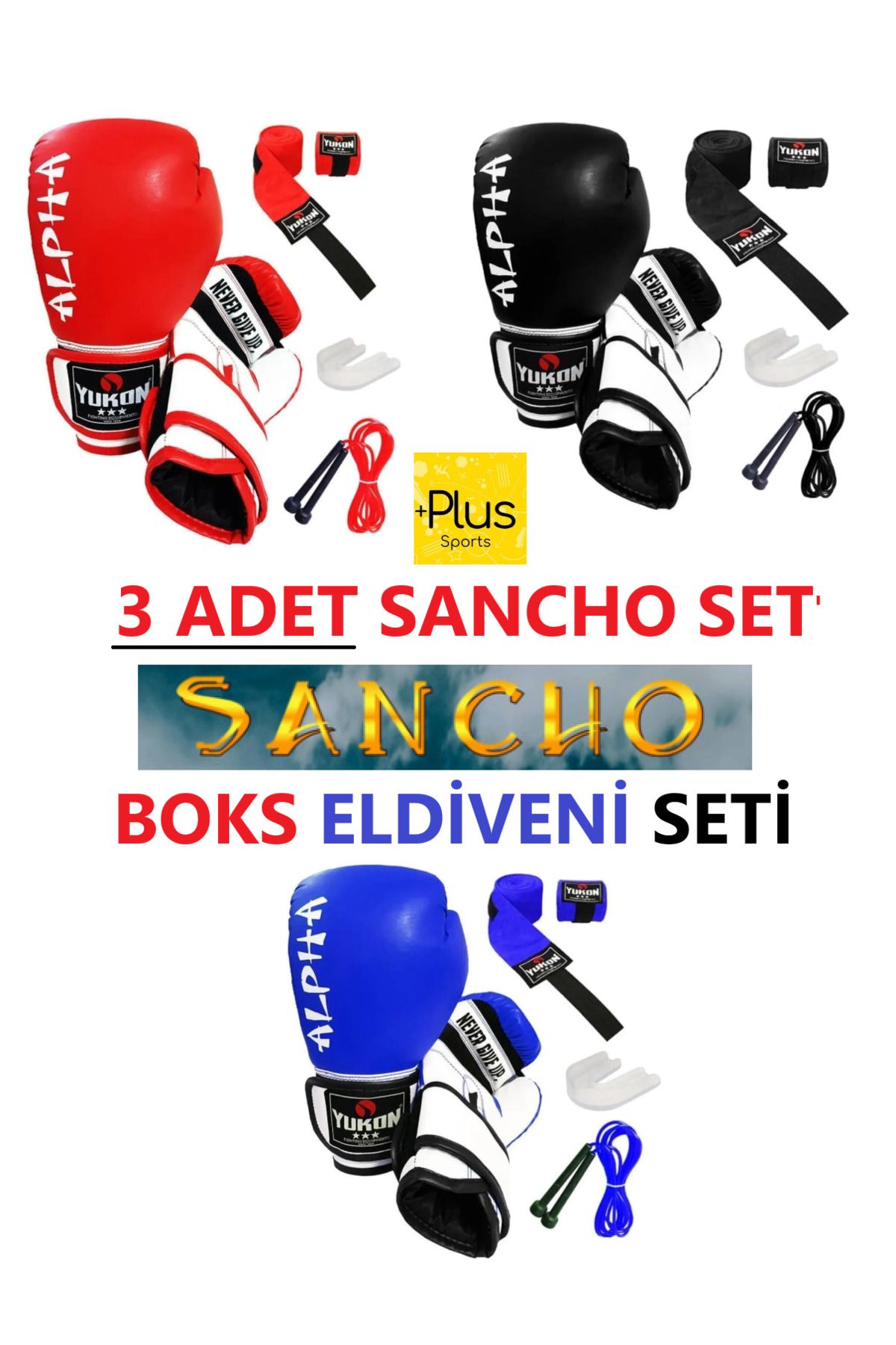 PLUSSPORT SANCHO 3'LÜ SET BOKS ELDİVENİ ÖZEL SETİ ( BOKS ELDİVENİ - 2 BANDAJ - ATLAMA İPİ - DİŞLİK )