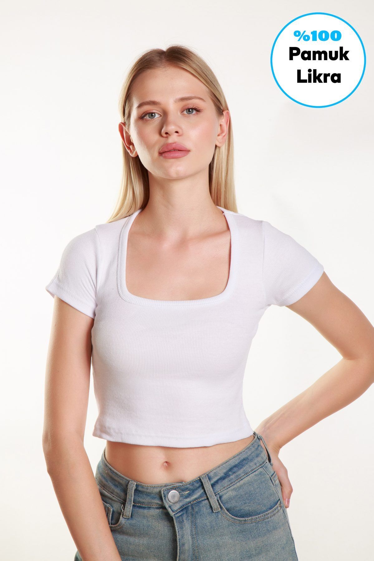 FS STORE Kadın Crop Kare Yaka  Fitilli Likralı Kollu Atlet Bluz Tshirt