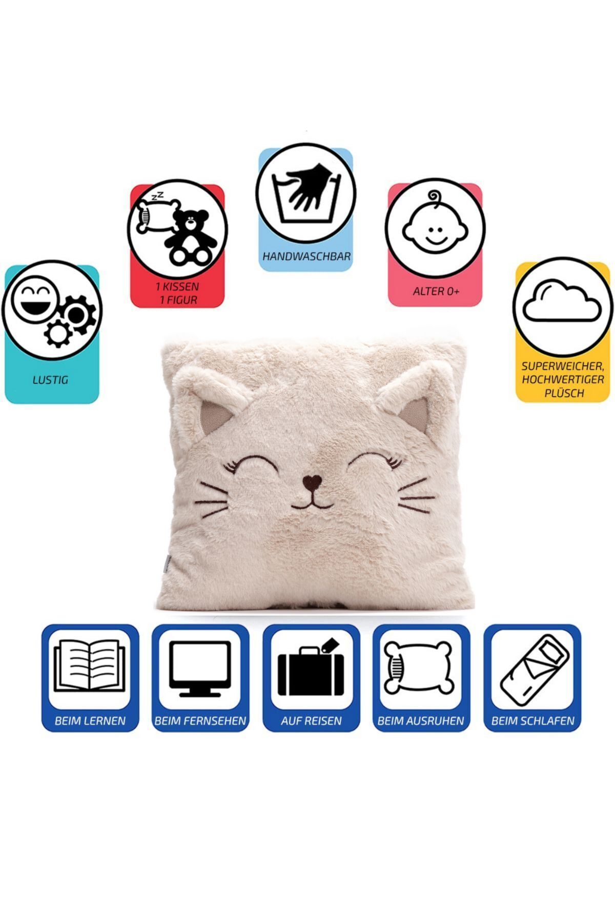 Ecrou-Cream Cat Figured Decorative Plush Cushion, Pillow 35 cm 7