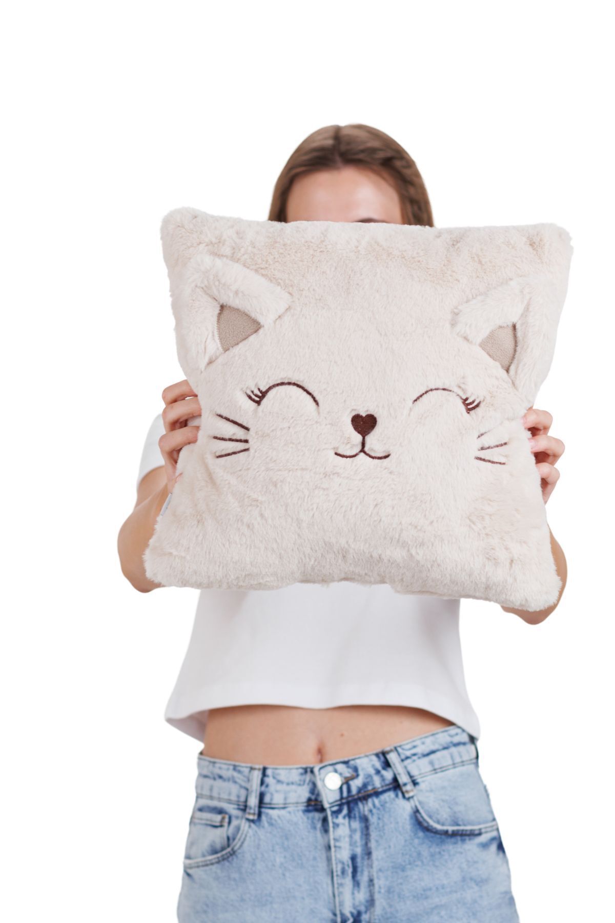 Ecrou-Cream Cat Figured Decorative Plush Cushion, Pillow 35 cm 8