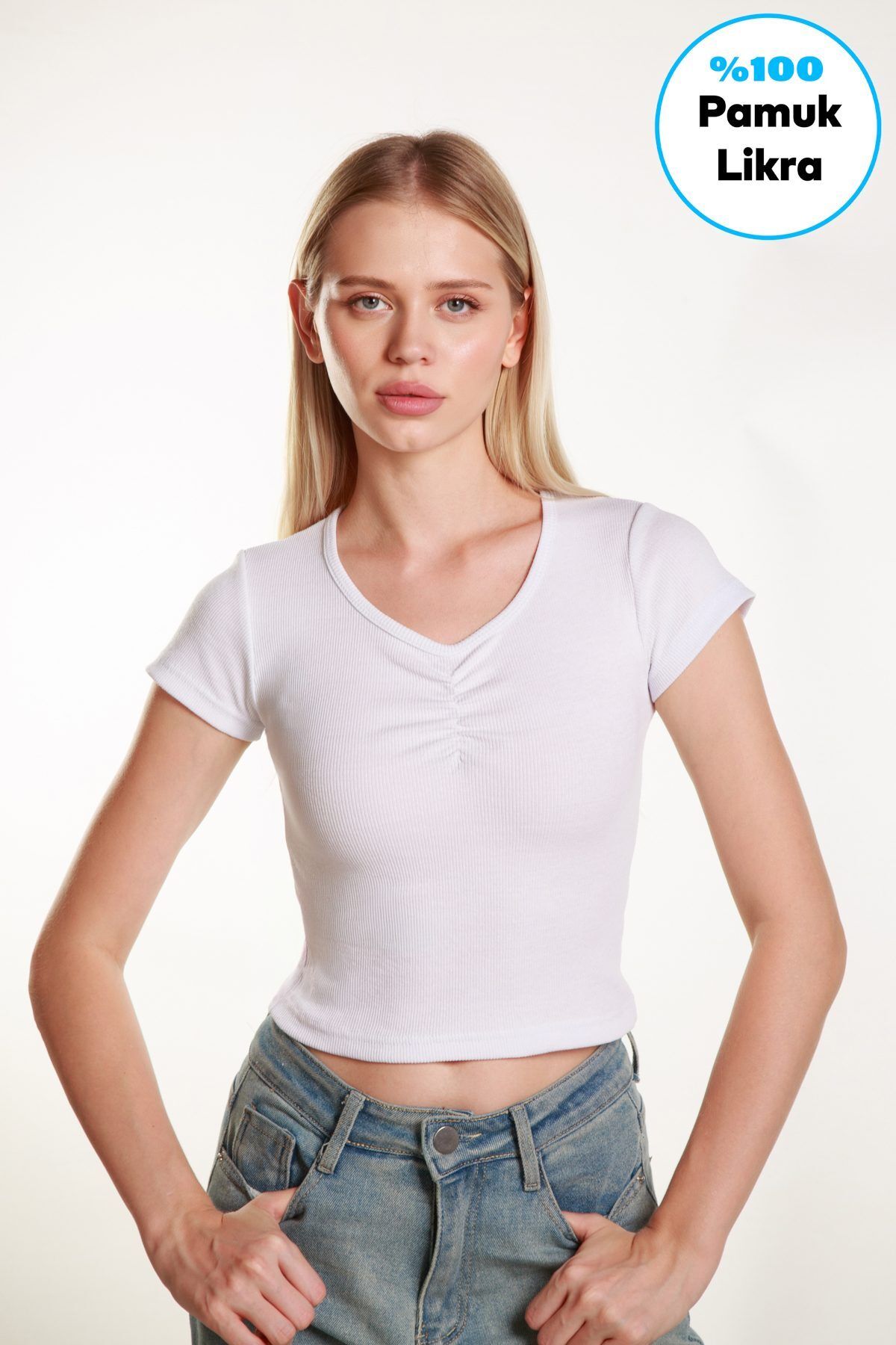 FS STORE Kadın Crop Ön  Yaka  Büzgülü Fitilli Likralı  Kollu Atlet Tshirt