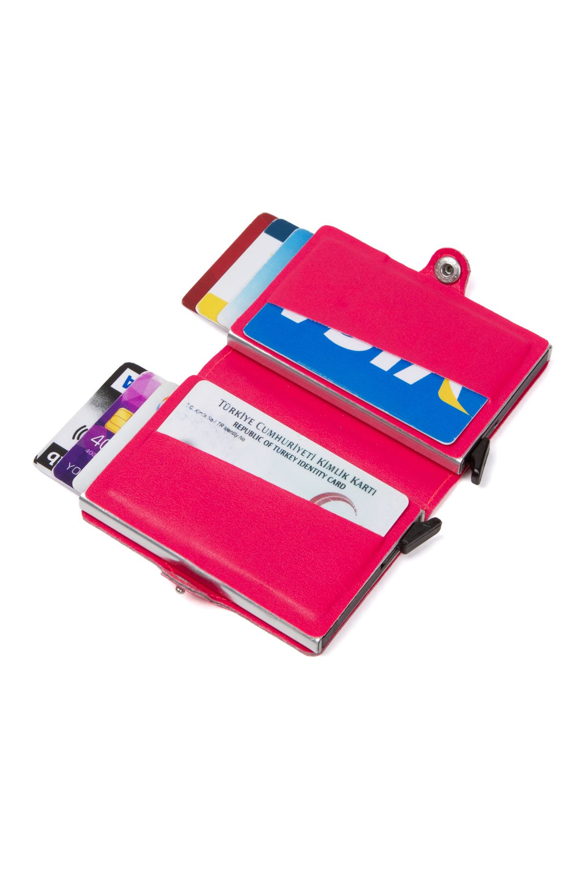 Newish Polo-Fuchsia Leather Automatic Card Anti-Shooting Aluminum Double Mechanism Card Holder and Wallet 4