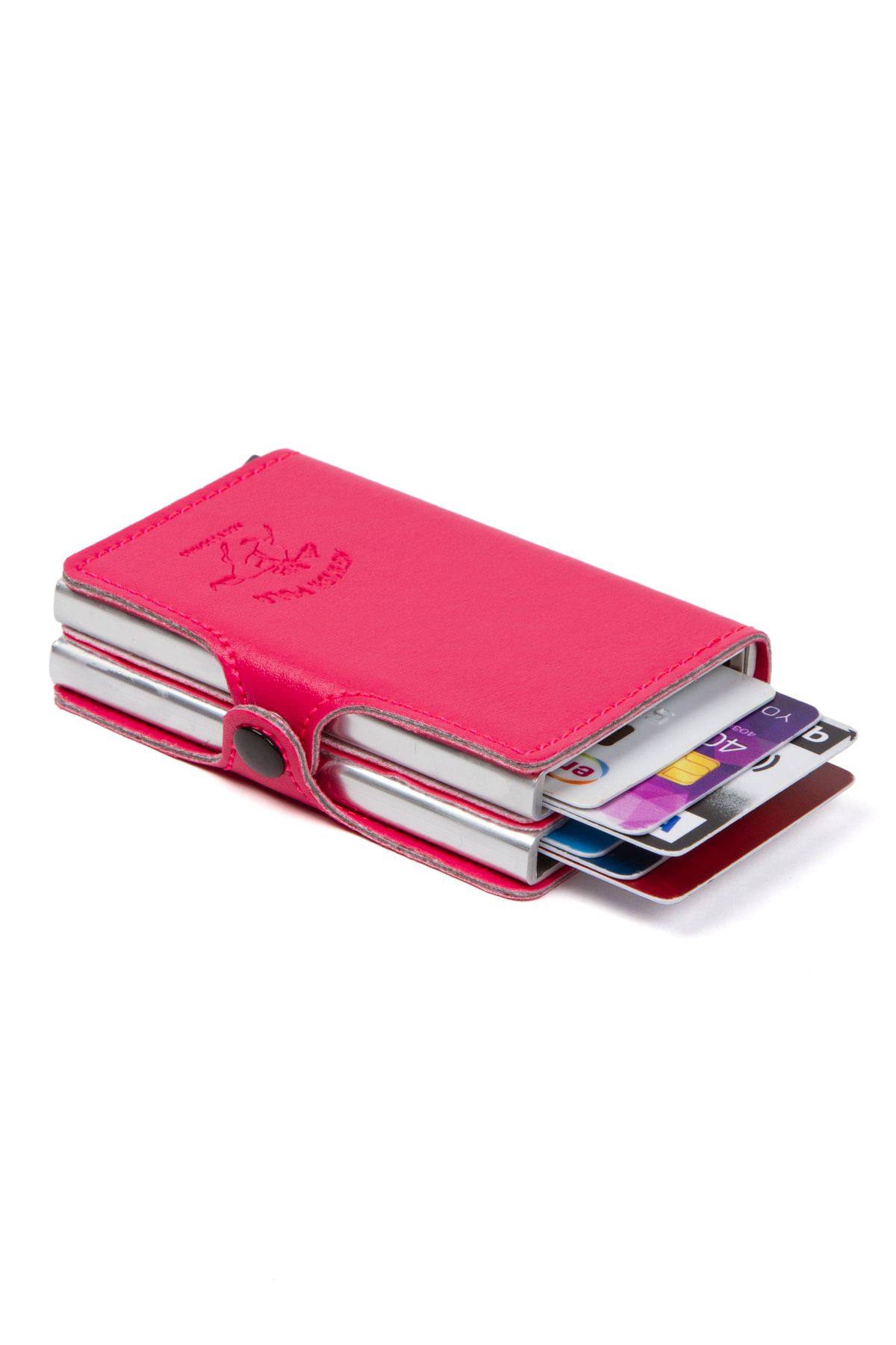 Newish Polo-Fuchsia Leather Automatic Card Anti-Shooting Aluminum Double Mechanism Card Holder and Wallet 2