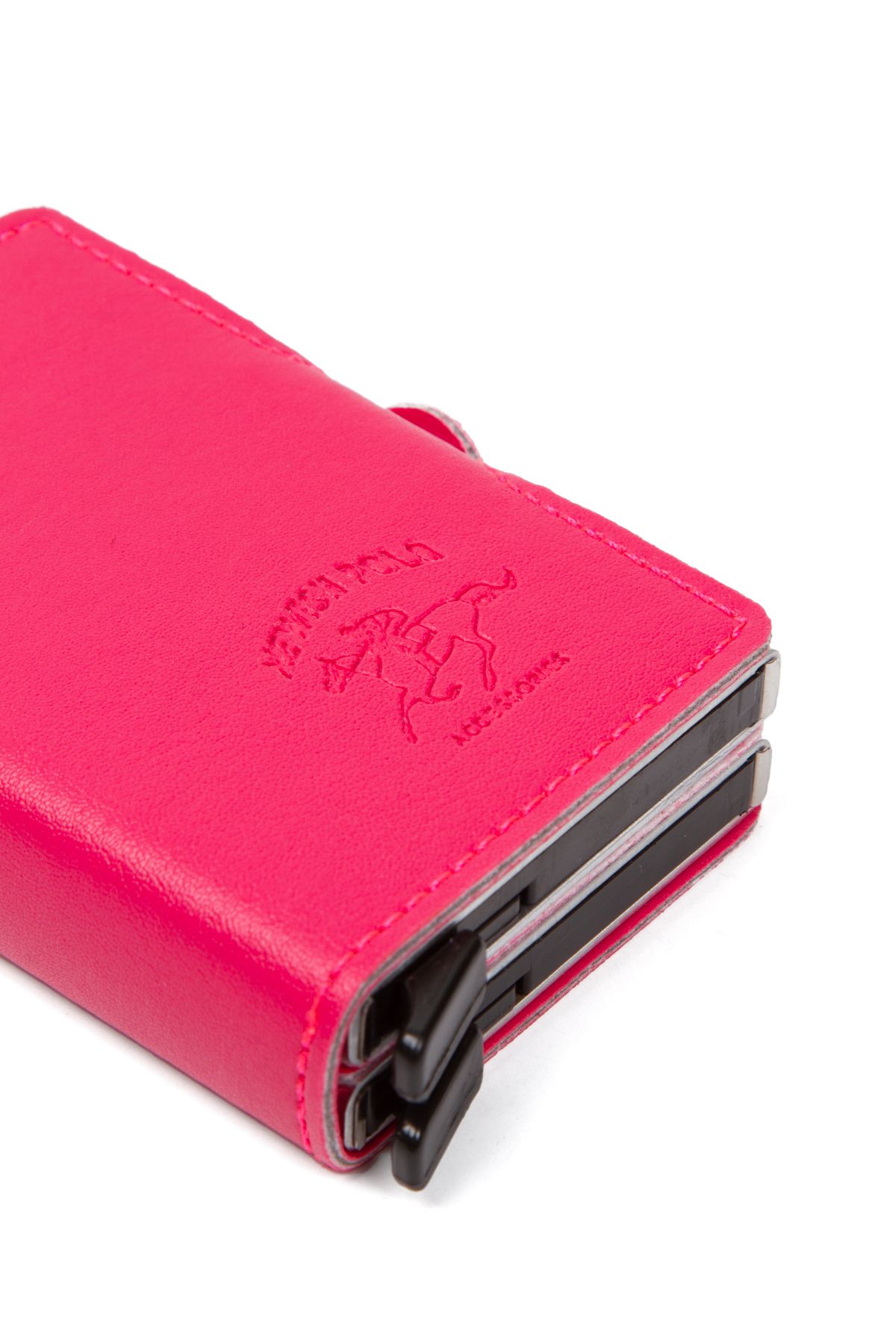 Newish Polo-Fuchsia Leather Automatic Card Anti-Shooting Aluminum Double Mechanism Card Holder and Wallet 3