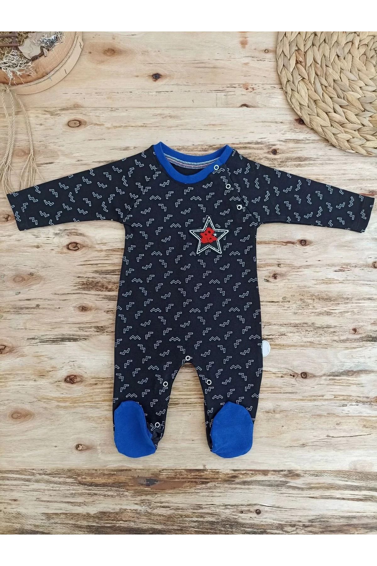 FS STORE Star Baby Baskılı Çıt Çıt Kapama Erkek Bebek Tulum Siyah